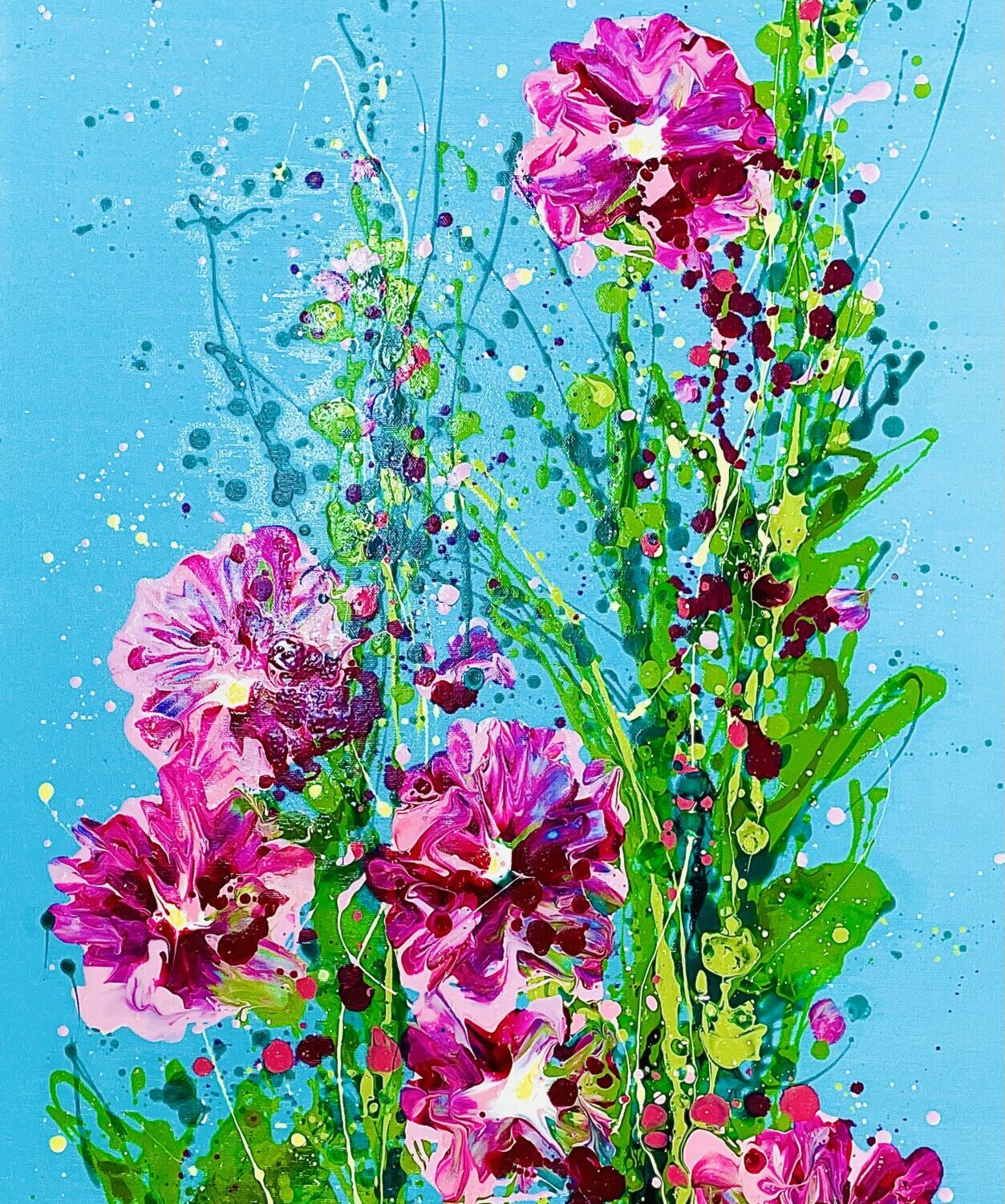 Hollyhocks And Turquoise (oil) 100x50x4cm