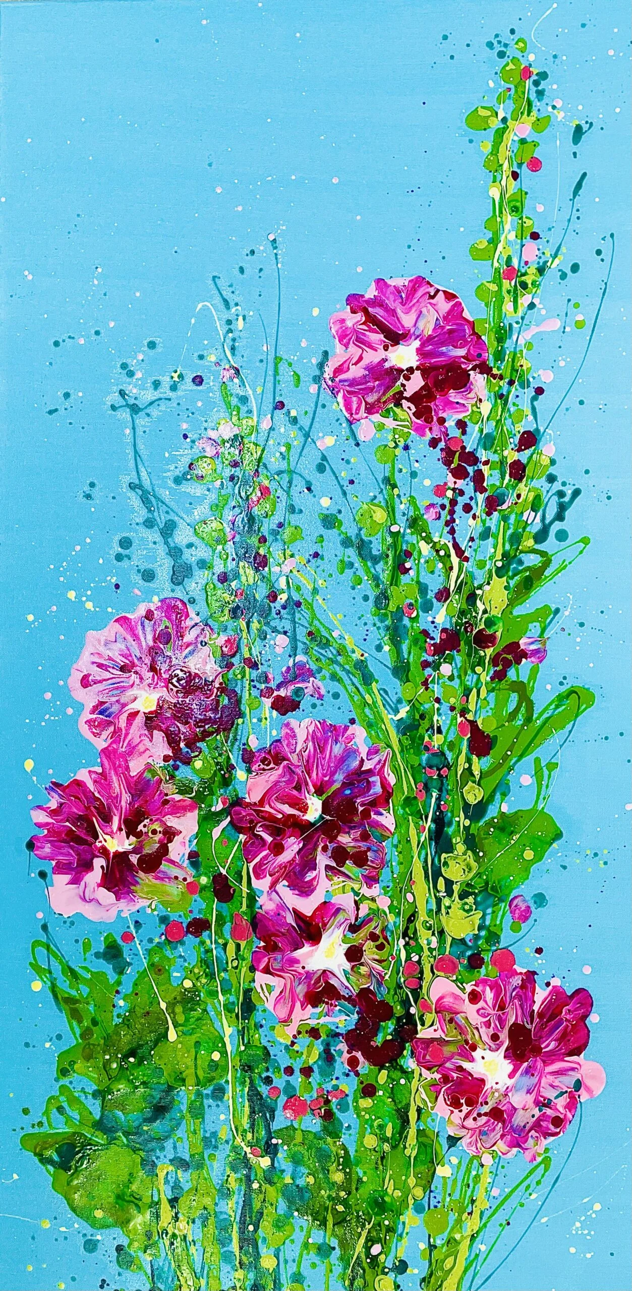 Hollyhocks And Turquoise (oil) 100x50x4cm