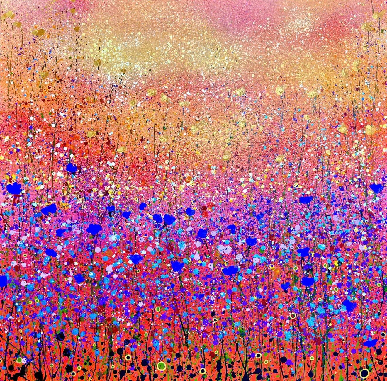 Blue Poppy Sunset – Original Abstract Floral Oil Painting On Canvas (100 × 100 Cm) | Sally Oasis Paintings