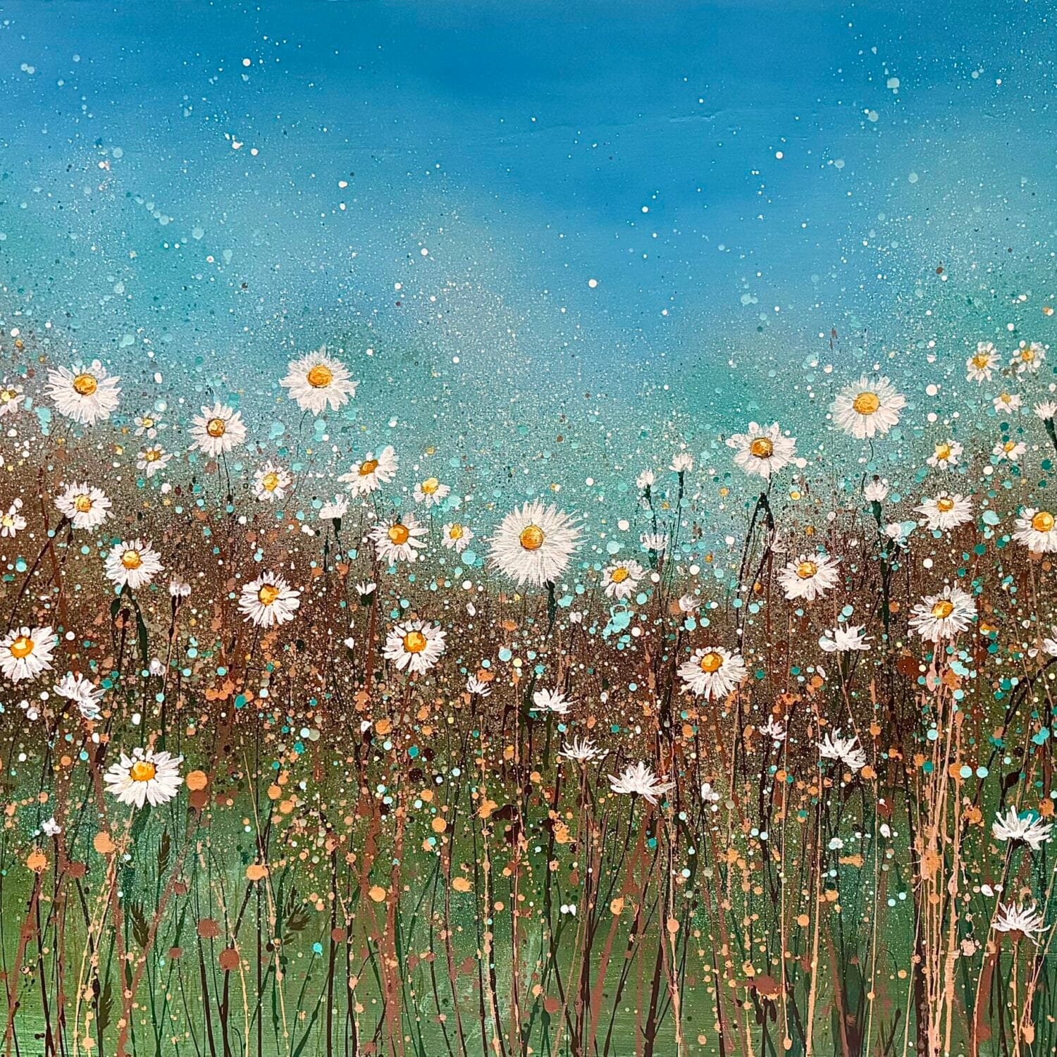 Teal Twilight Daisies – Original Acrylic Painting (122x92x4 Cm)