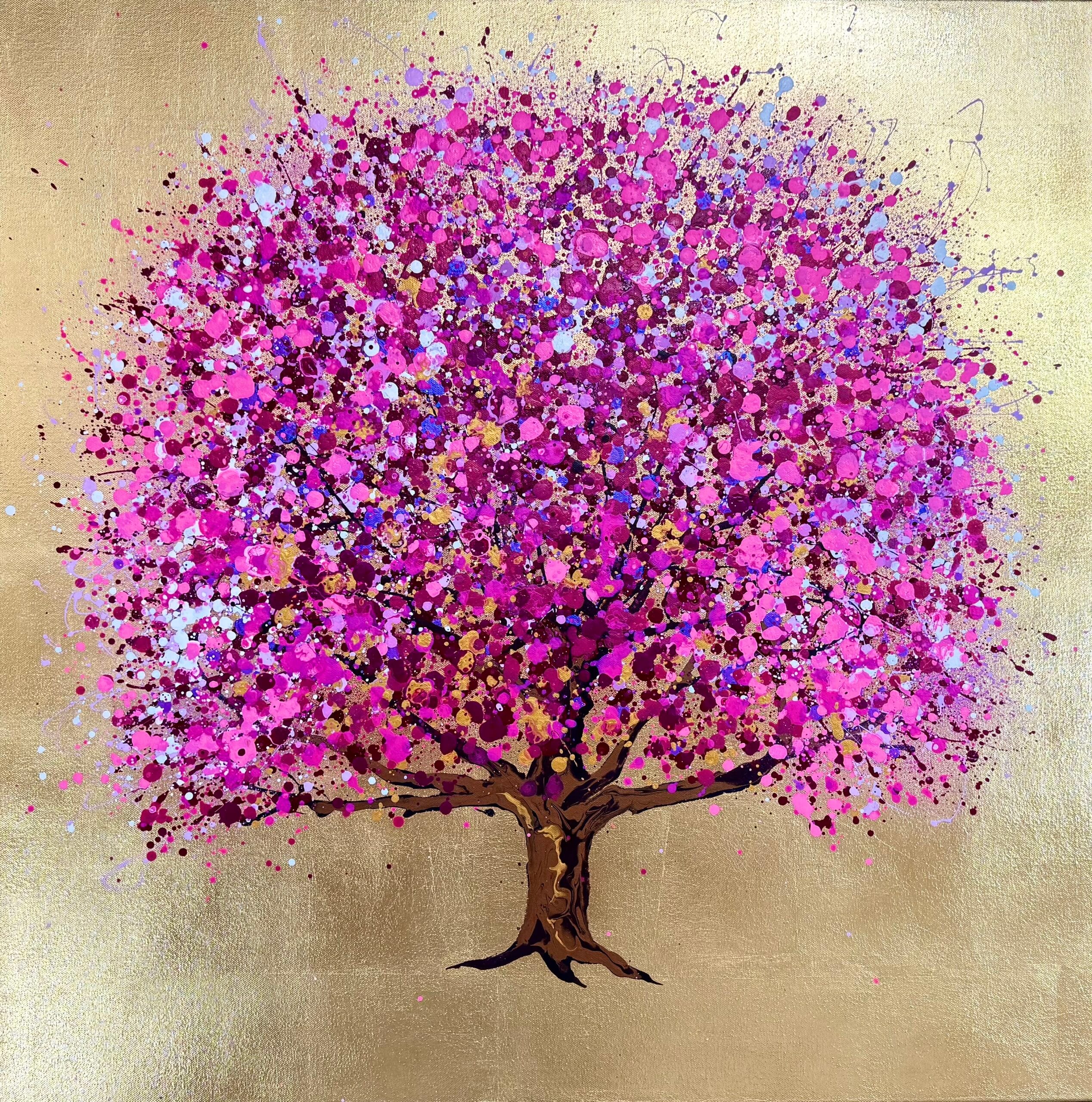 Pink Petals On Gold Pink blossom tree painting on gold leaf 80x80cm by Sally Oasis