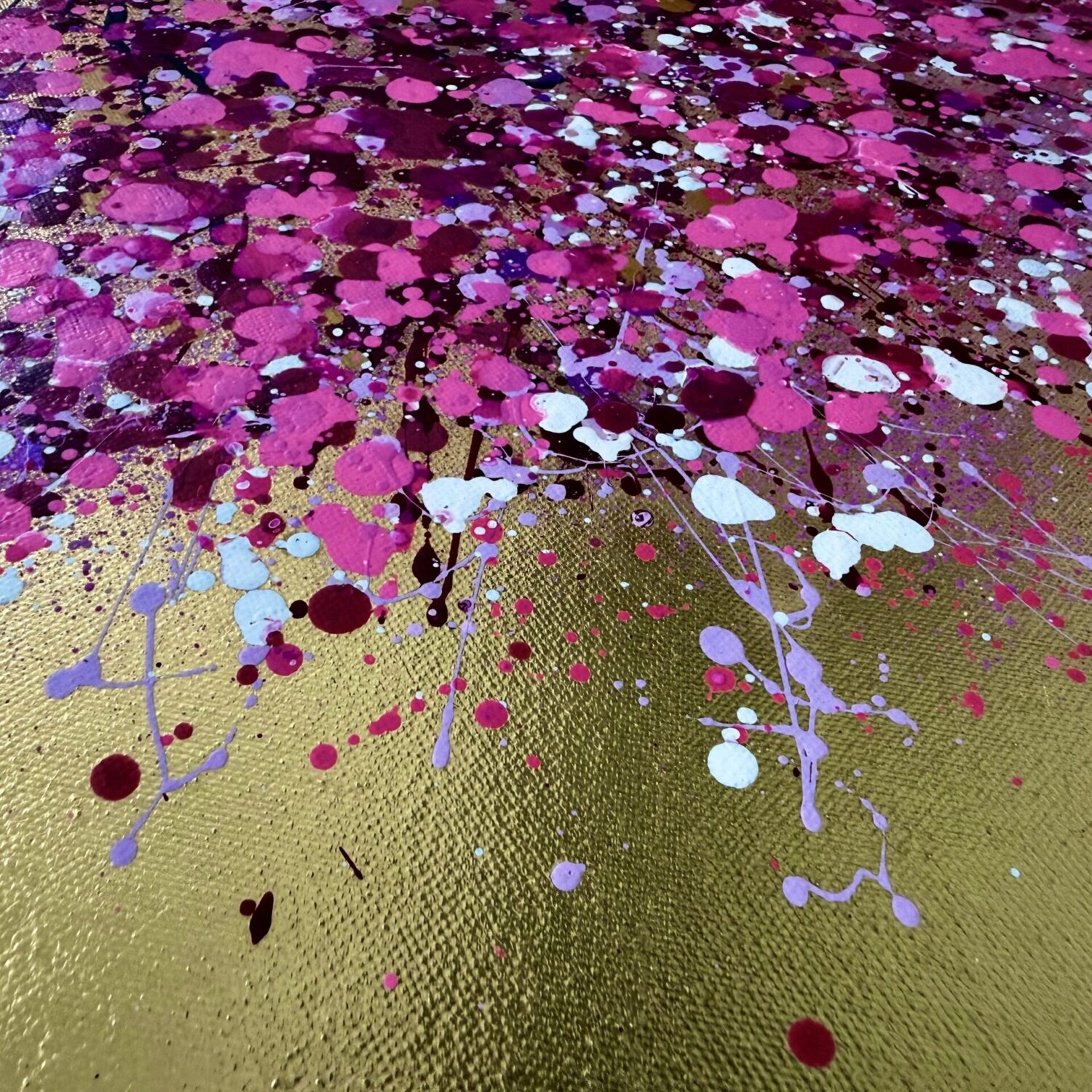 Close Up Details Of Pink Petals On Gold Leaf Acrylic Painting