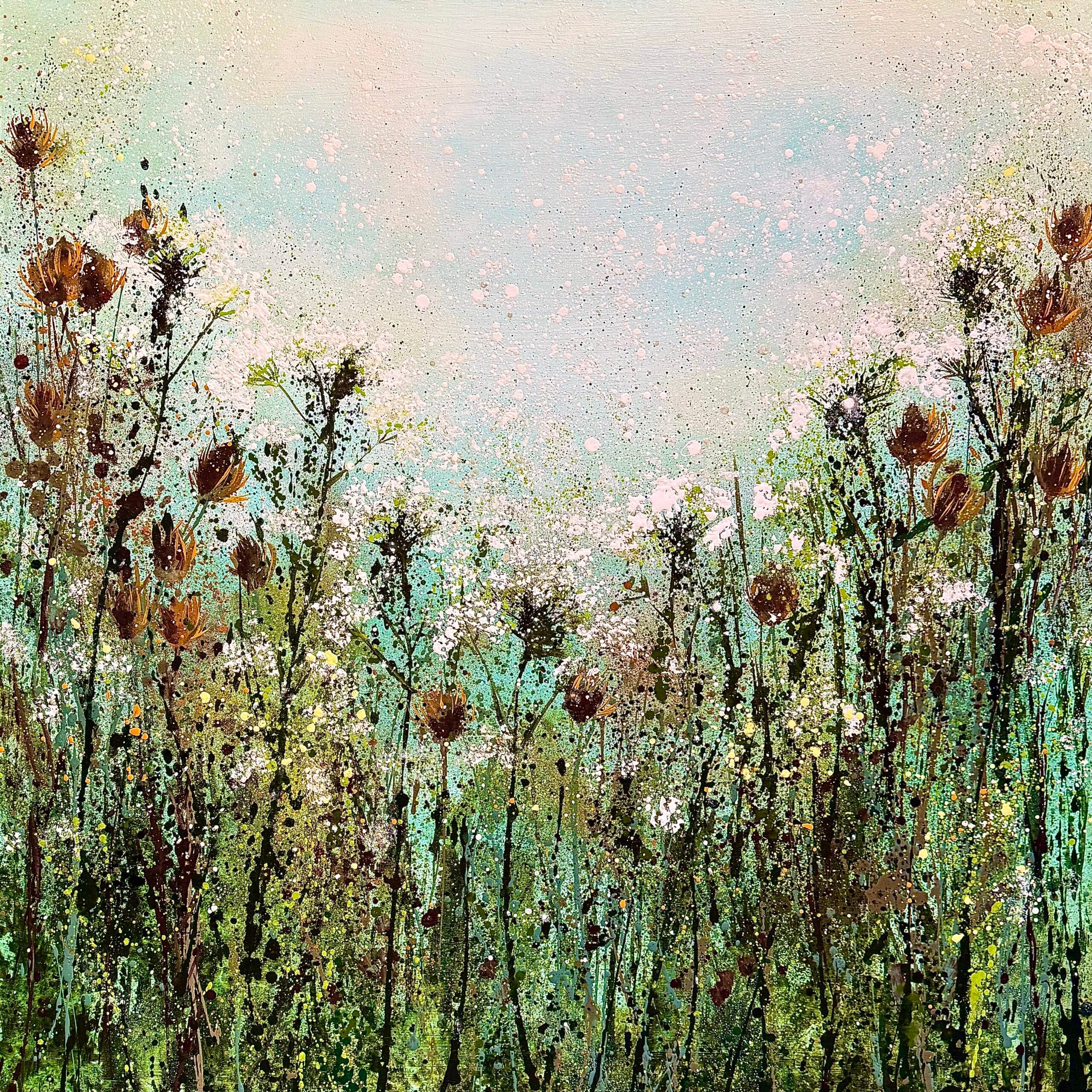 Teasels and Cow Parsley in Pale Light limited edition print Teasels and cow parsley limited edition giclée print by Sally Oasis, square meadow artwork with delicate seed heads and soft pale sky