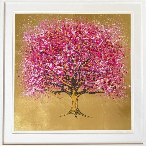Gold Tree Art Print With Pink Blossom Limited Edition By Sally Oasis