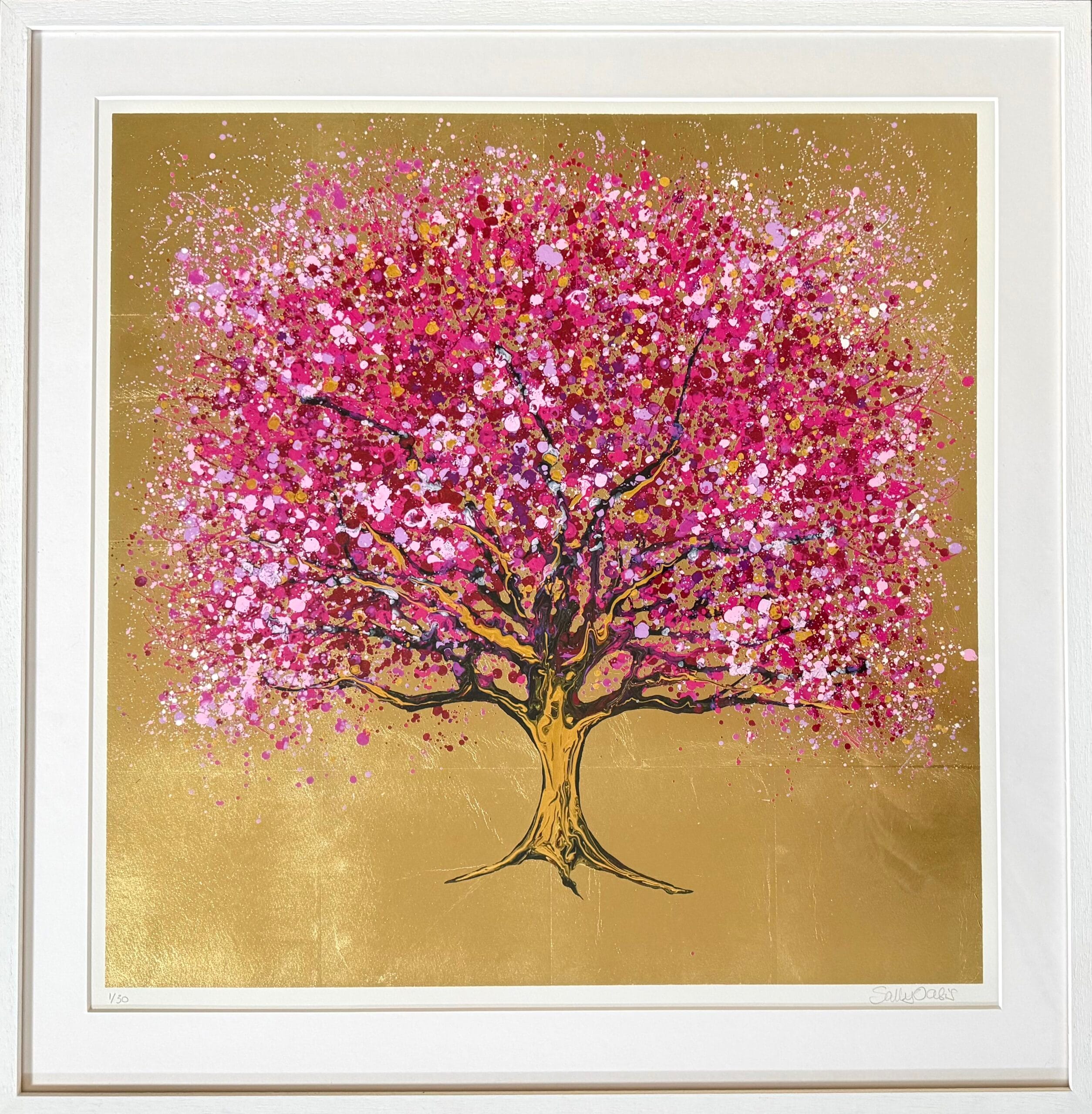 Golden Beauty Gold Tree Art Print Gold tree art print with pink blossom limited edition by Sally Oasis