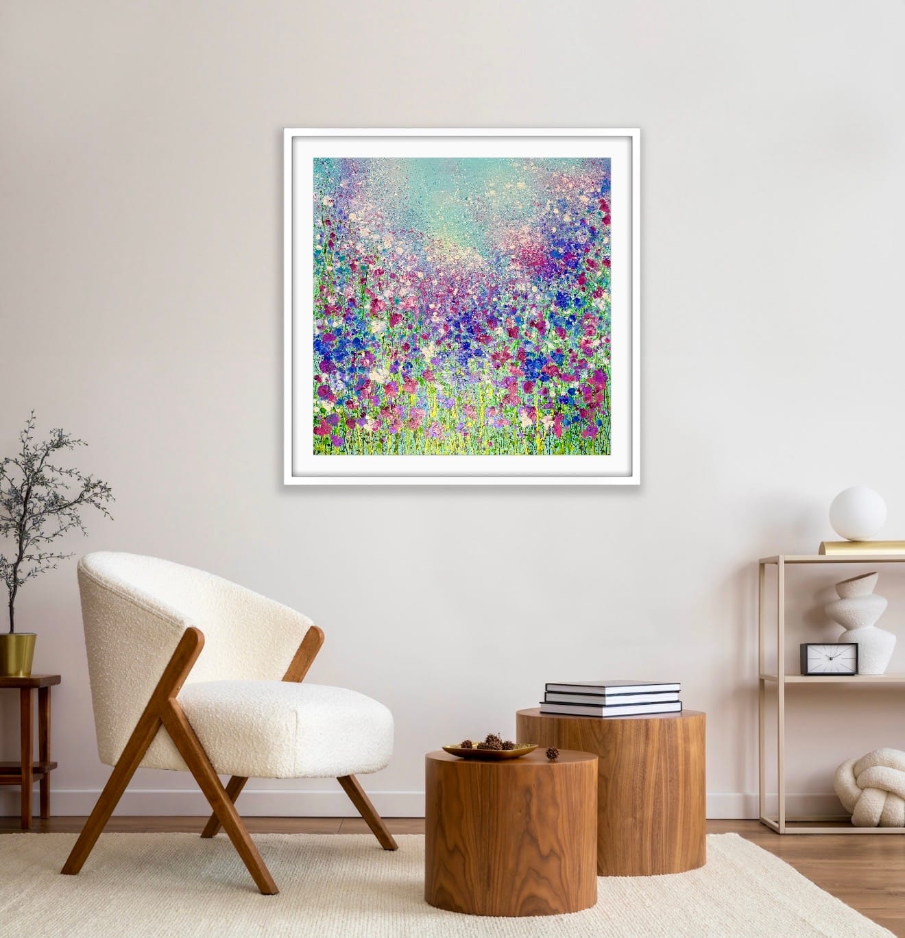 Gentle Abundance Sweet Pea Floral Framed Print In Soft Neutral Interior