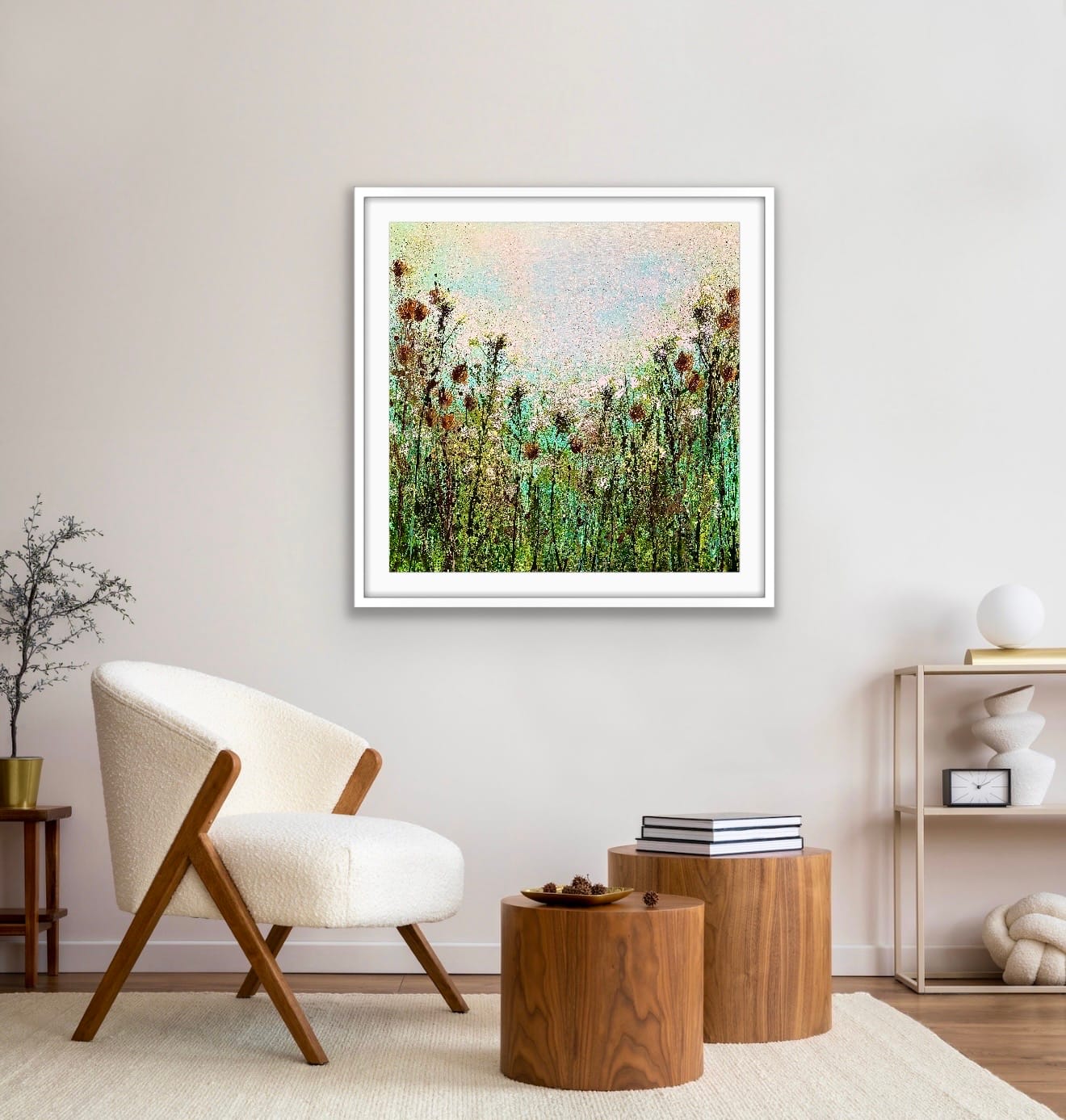 Teasels And Cow Parsley Limited Edition Giclée Print By Sally Oasis Displayed In A Soft Neutral Interior Setting