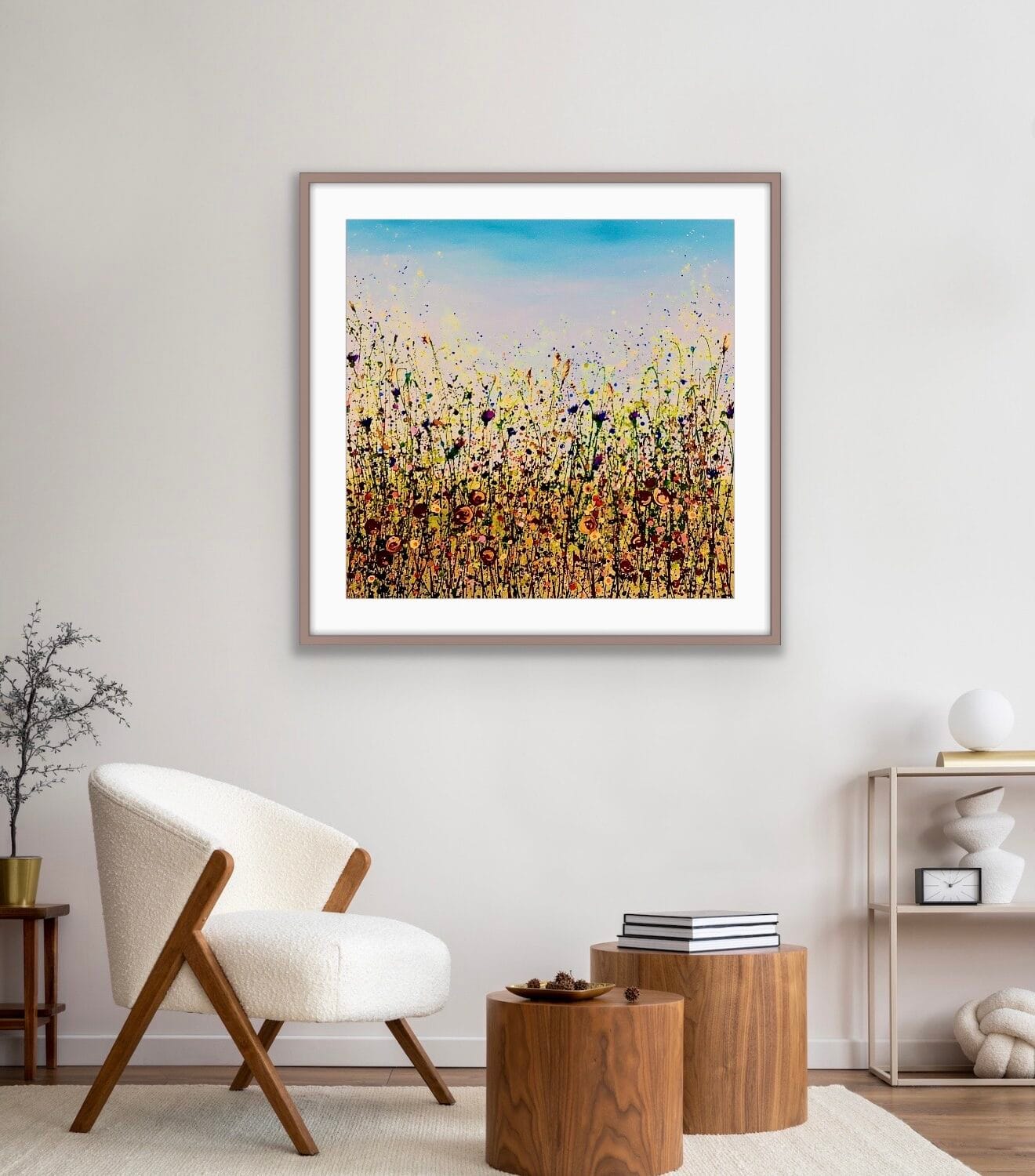Spice Meadow Framed Giclee Print In Oak Frame Displayed In Neutral Living Room Interior