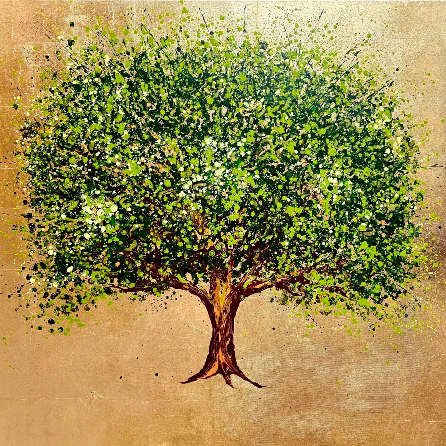 A Tree Of Gold And Green | 100 X 100 X 4cm | Acrylic On Canvas With Gold Leaf