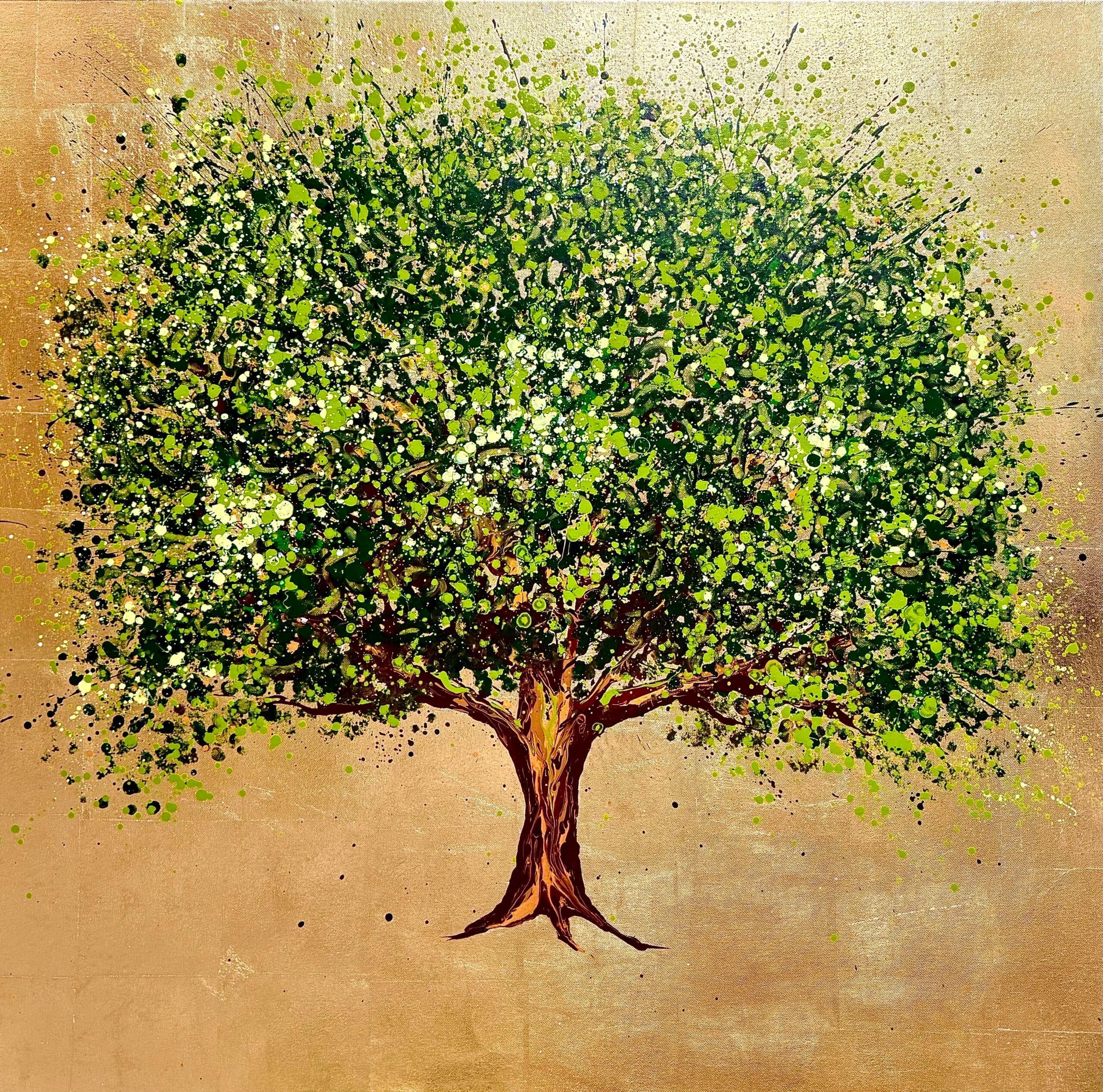 A Tree of Gold and Green Gold Leaf Tree Painting A Tree of Gold and Green original gold leaf tree painting by Sally Oasis, acrylic on canvas with gold leaf, 100 x 100cm