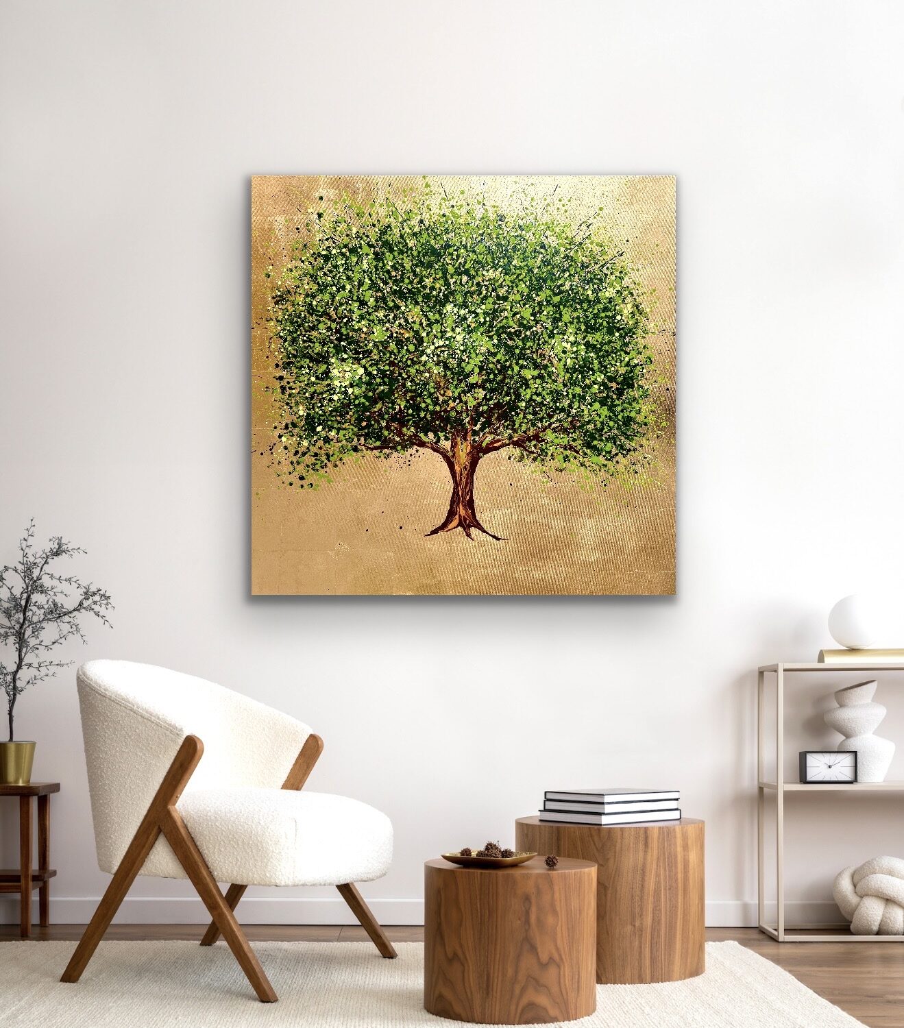 A Tree Of Gold And Green Gold Leaf Tree Painting Displayed In A Contemporary Interior