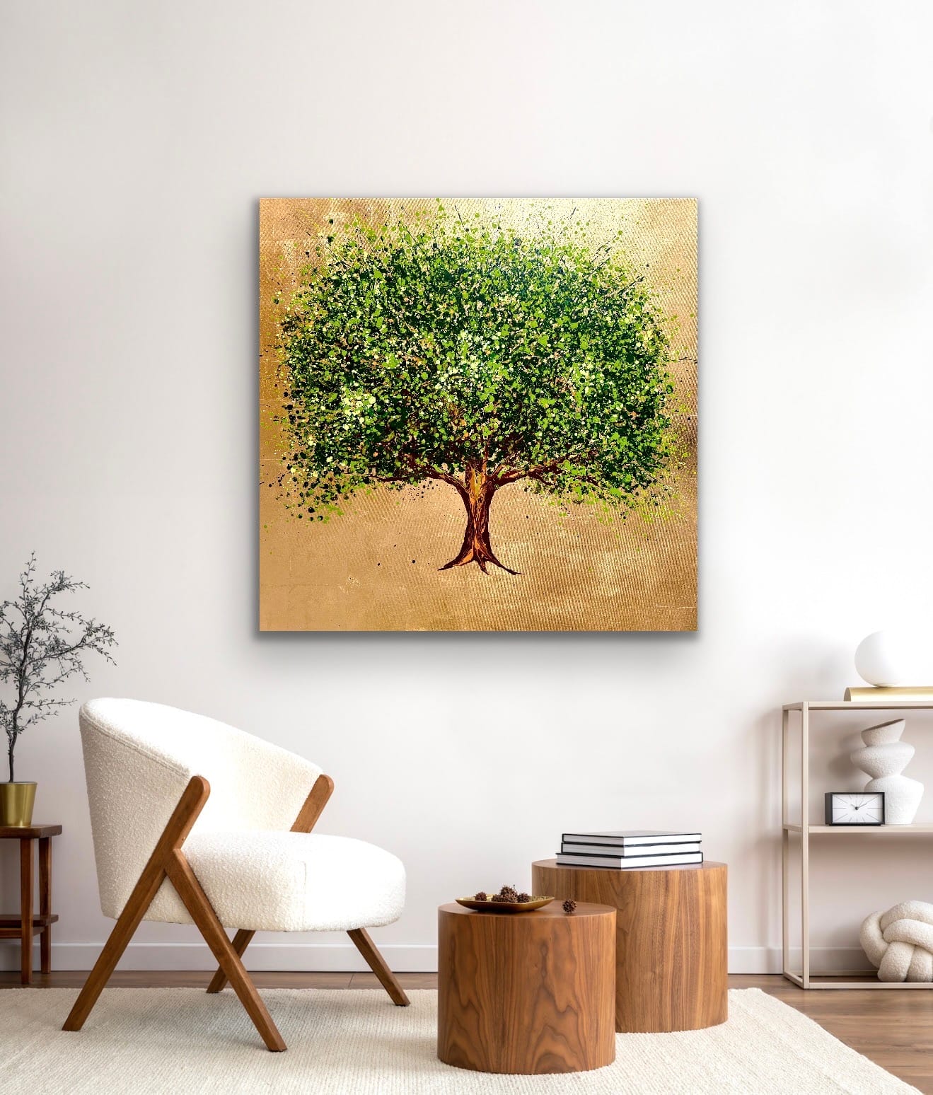 A Tree of Gold and Green Interior View A Tree of Gold and Green gold leaf tree painting displayed in a contemporary interior