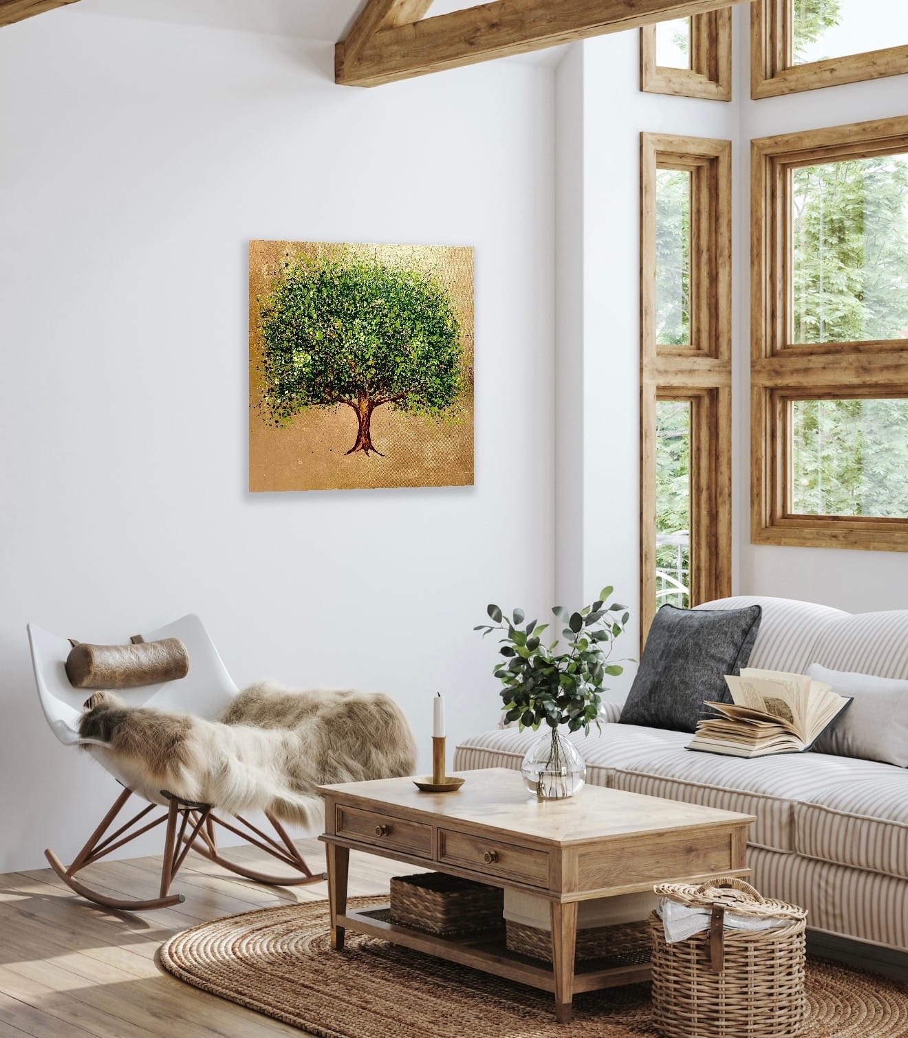 A Tree of Gold and Green Room Setting 3 A Tree of Gold and Green displayed in a contemporary living room