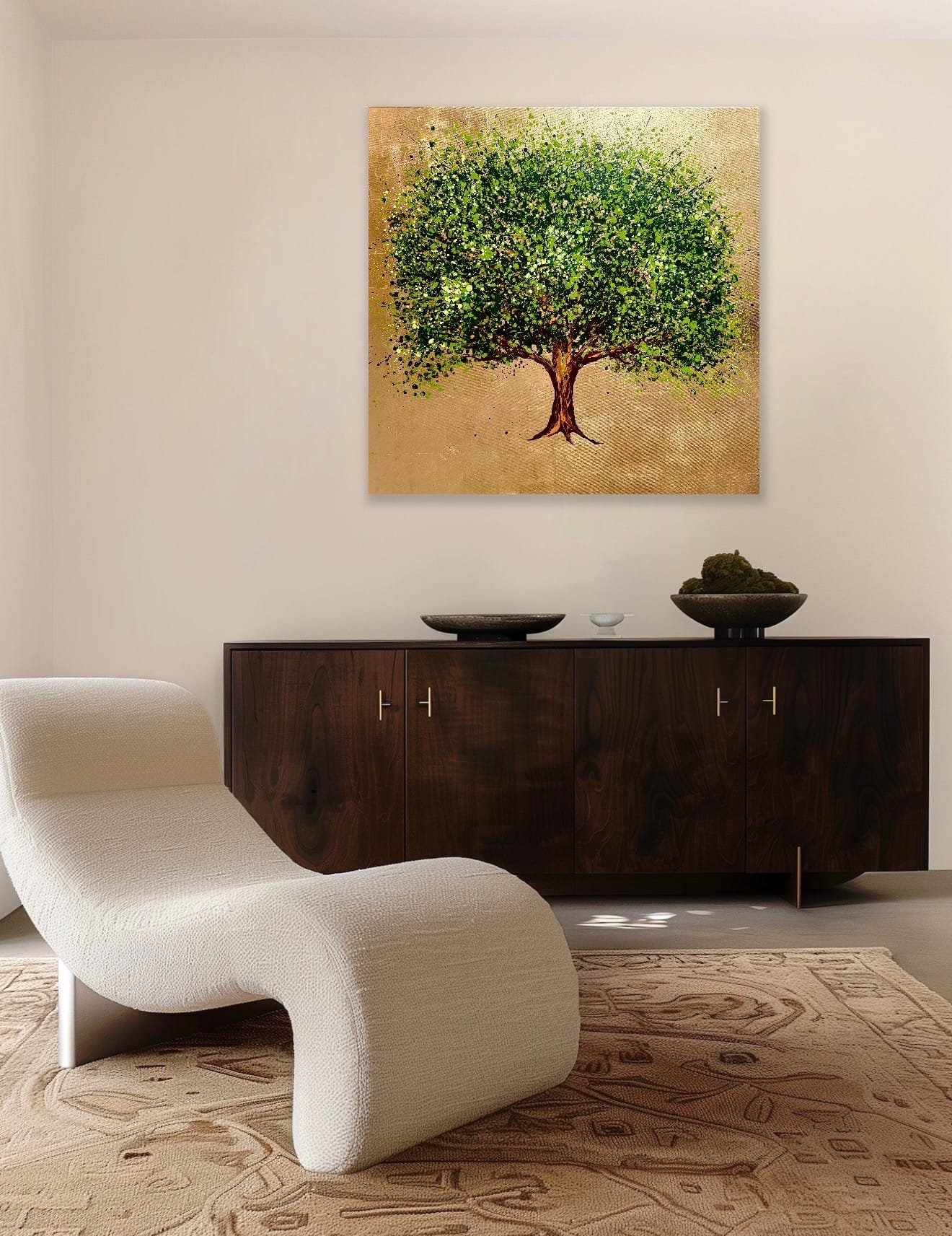 A Tree of Gold and Green Room Setting A Tree of Gold and Green displayed in a contemporary interior