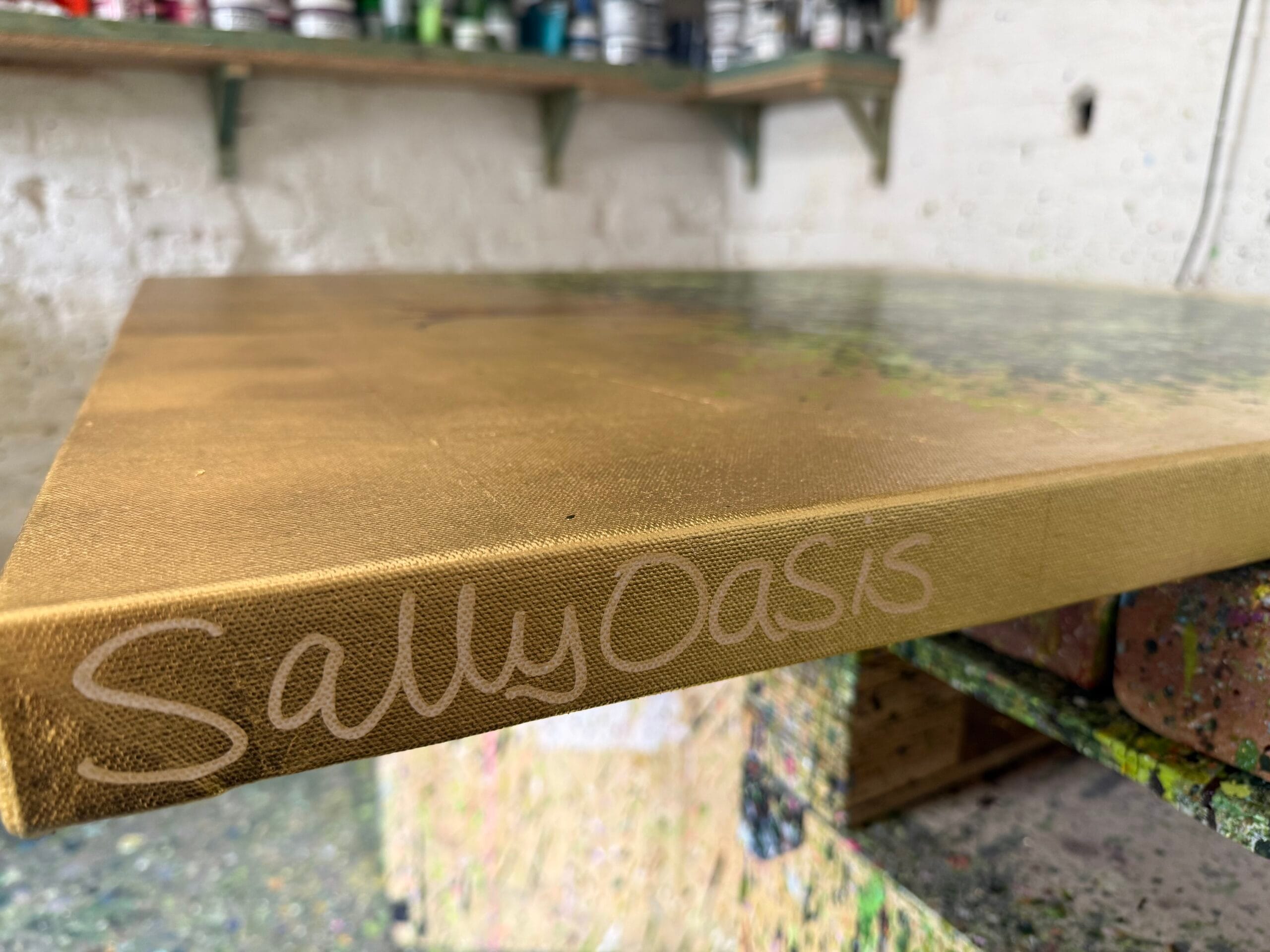 A Tree of Gold and Green Signature Detail Artist signature detail on A Tree of Gold and Green by Sally Oasis