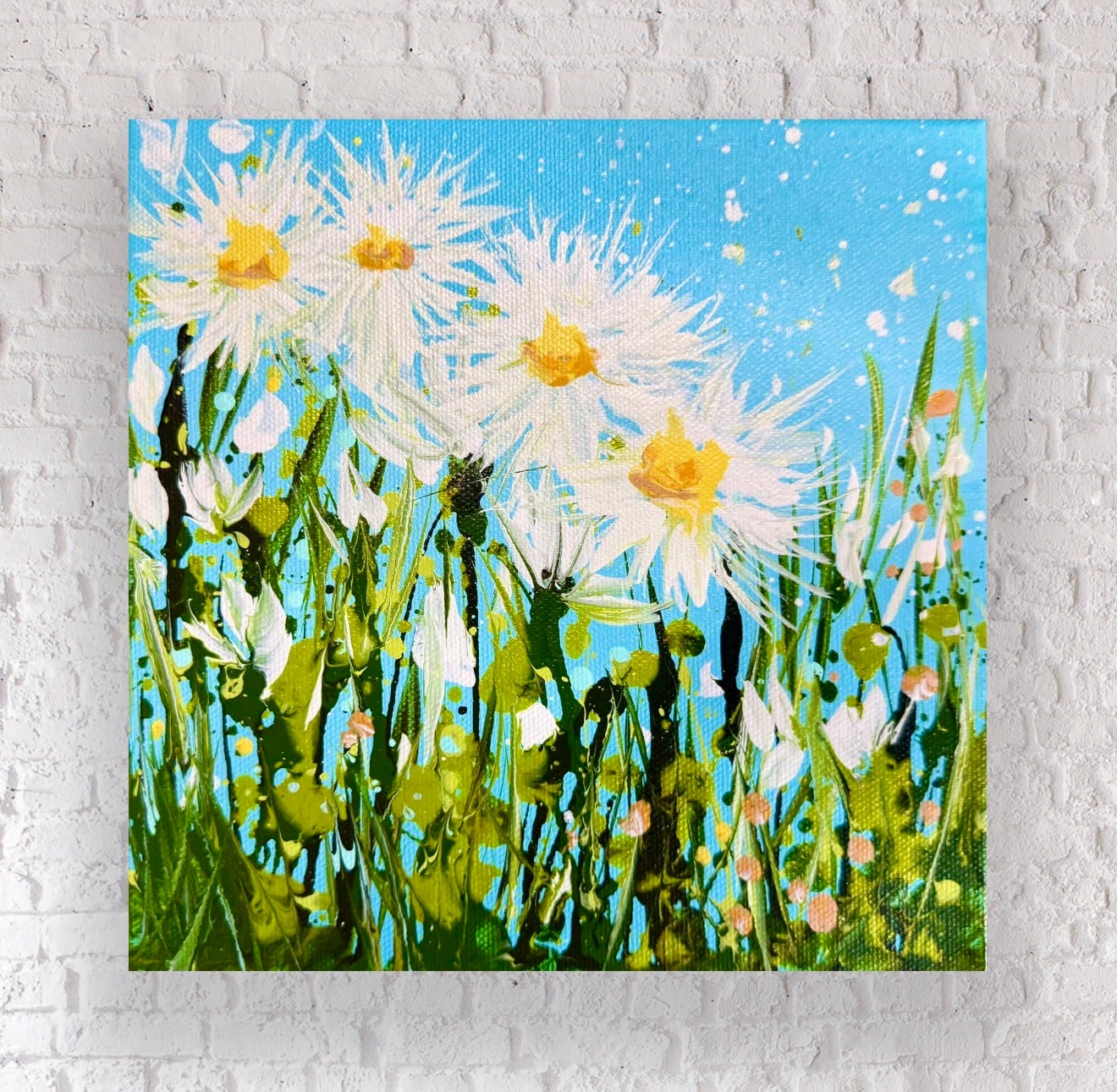 Summer Daisies 3 Interior View Summer Daisies 3 displayed on a white brick wall