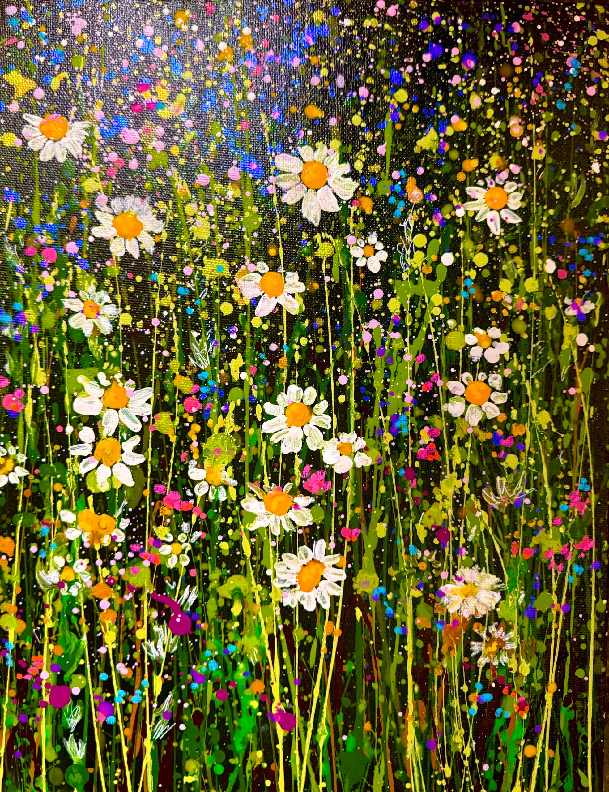 Daisy Fest Contemporary Daisy Painting by Sally Oasis Contemporary impressionist daisy painting by Sally Oasis with expressive white flowers and rich green tones