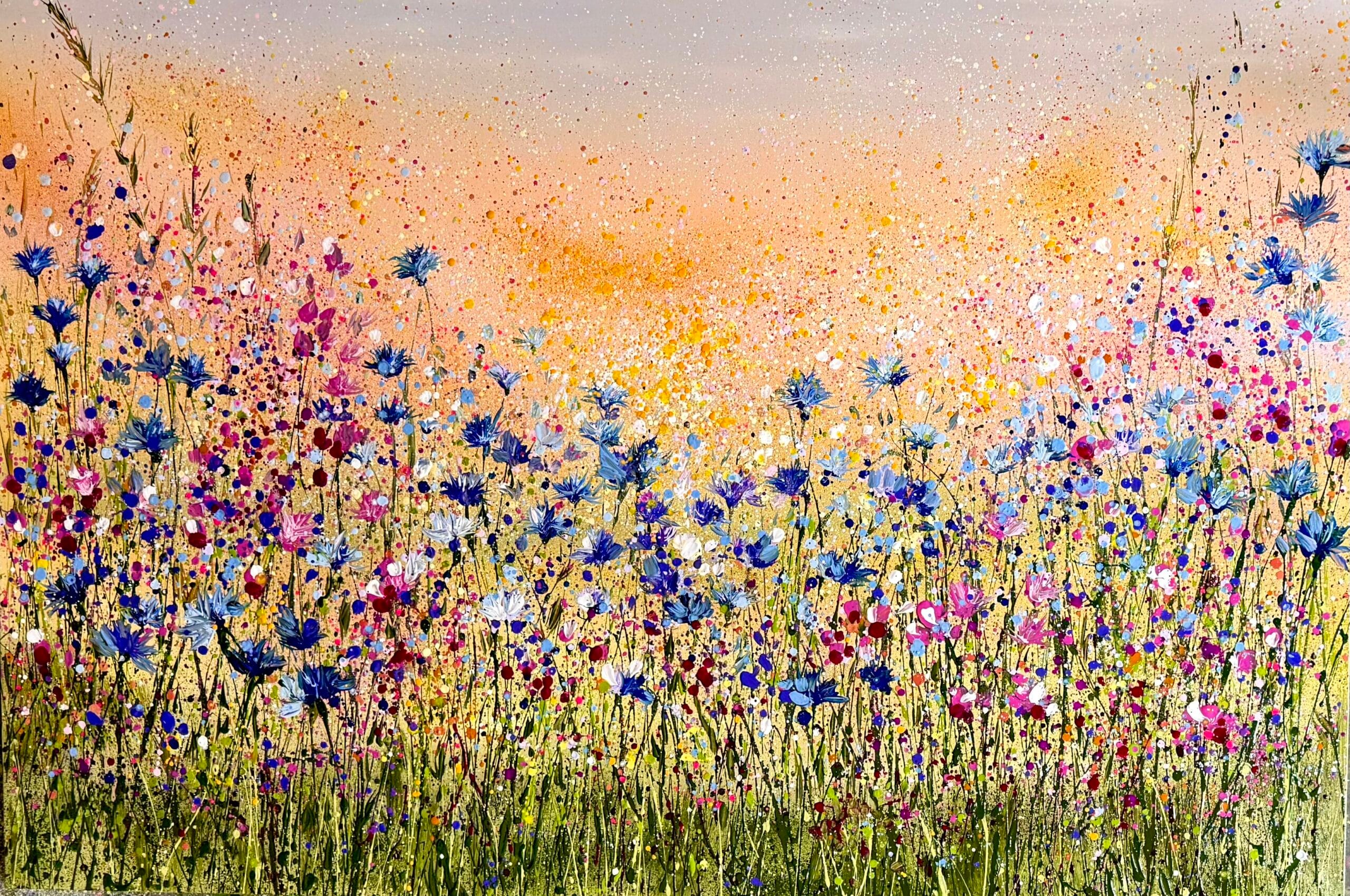 Golden Cornflower Meadow Original Oil Painting Golden Cornflower Meadow original oil painting with blue cornflowers and golden meadow flowers by Sally Oasis