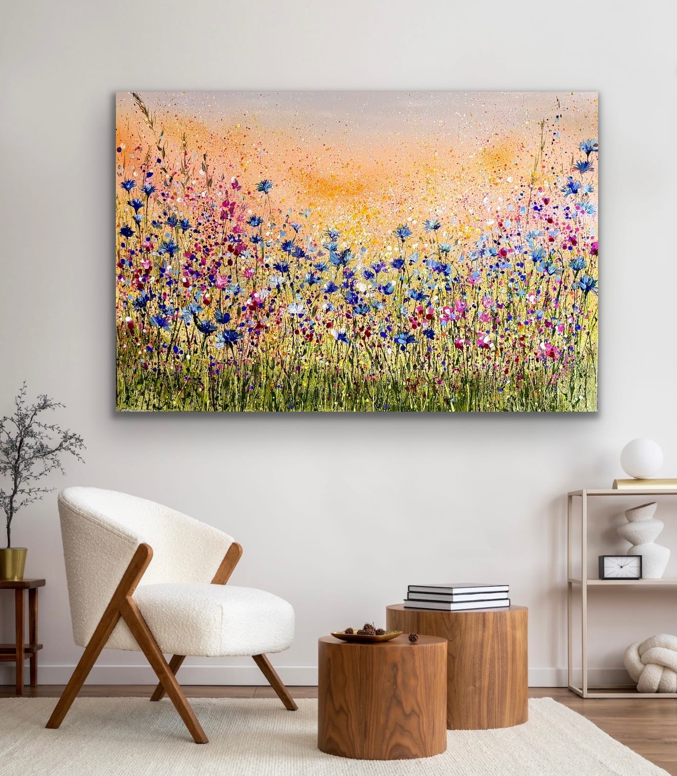 Golden Cornflower Meadow Room Setting Golden Cornflower Meadow original oil painting displayed in a contemporary living room