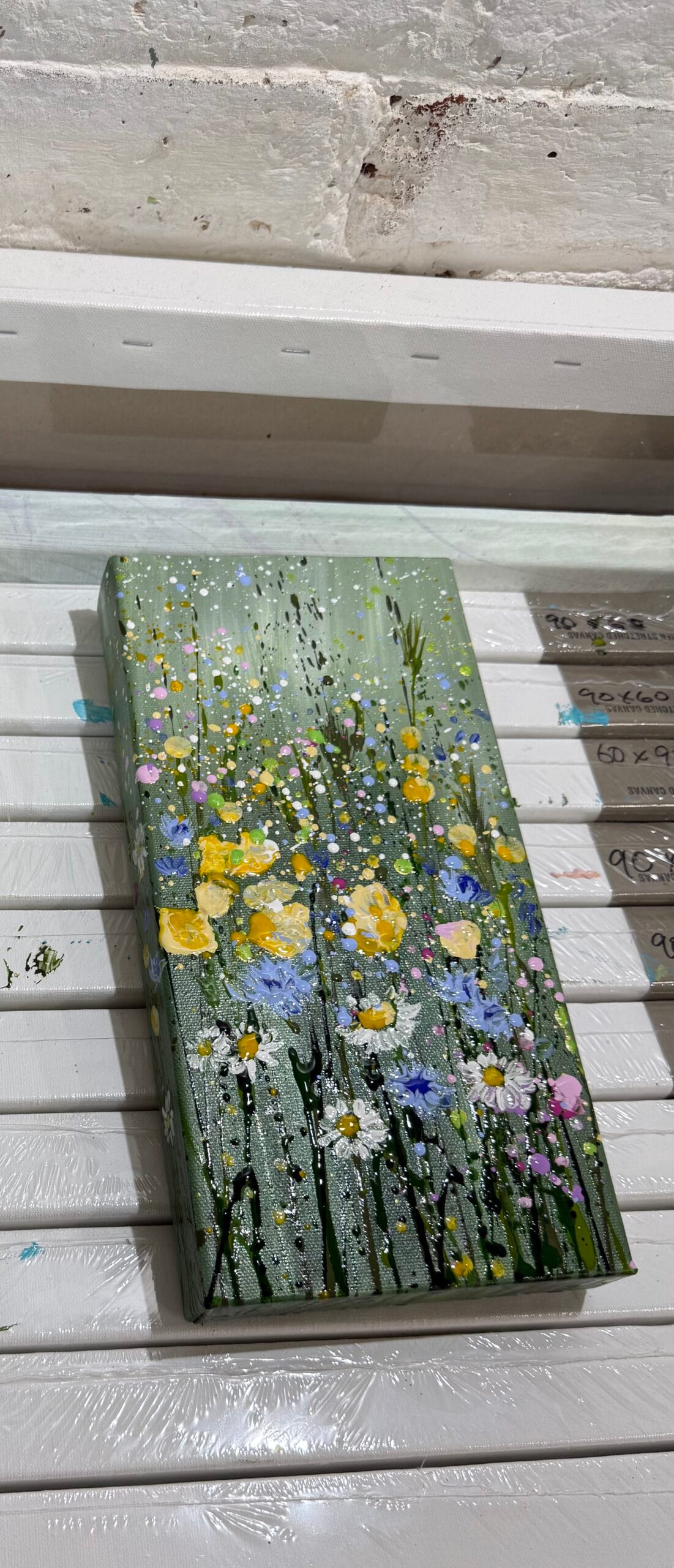 Buttercup Hedgerow Drying in the Studio Buttercup Hedgerow original acrylic painting drying in the Sally Oasis studio
