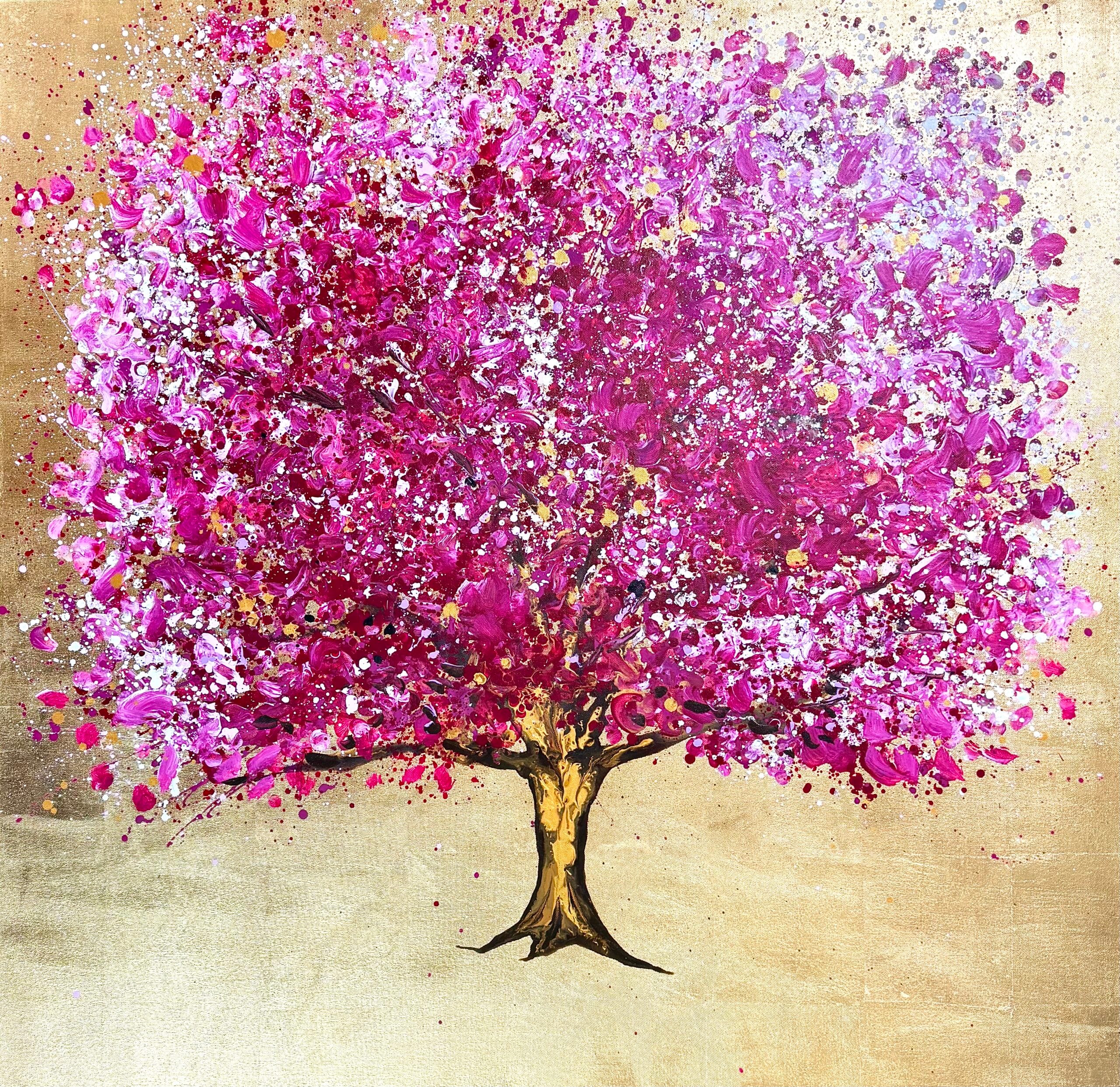 Pink Blossom Tree Painting | Pink Champagne Blossom Pink Blossom Tree Painting by Sally Oasis on gold leaf background