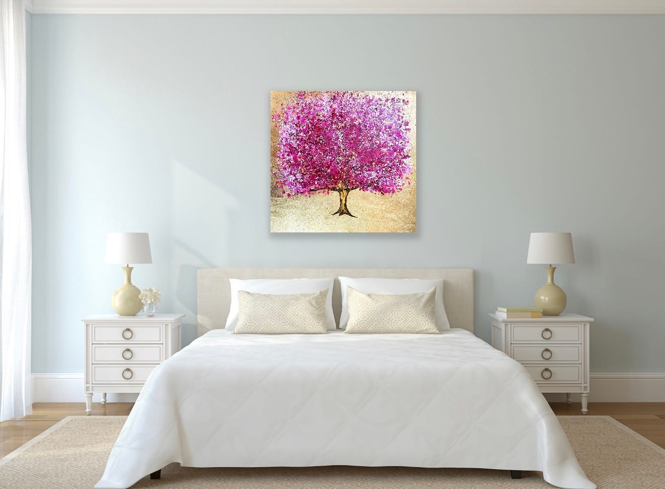 Pink Blossom Tree Painting in Interior Setting Pink Blossom Tree Painting displayed in contemporary living room