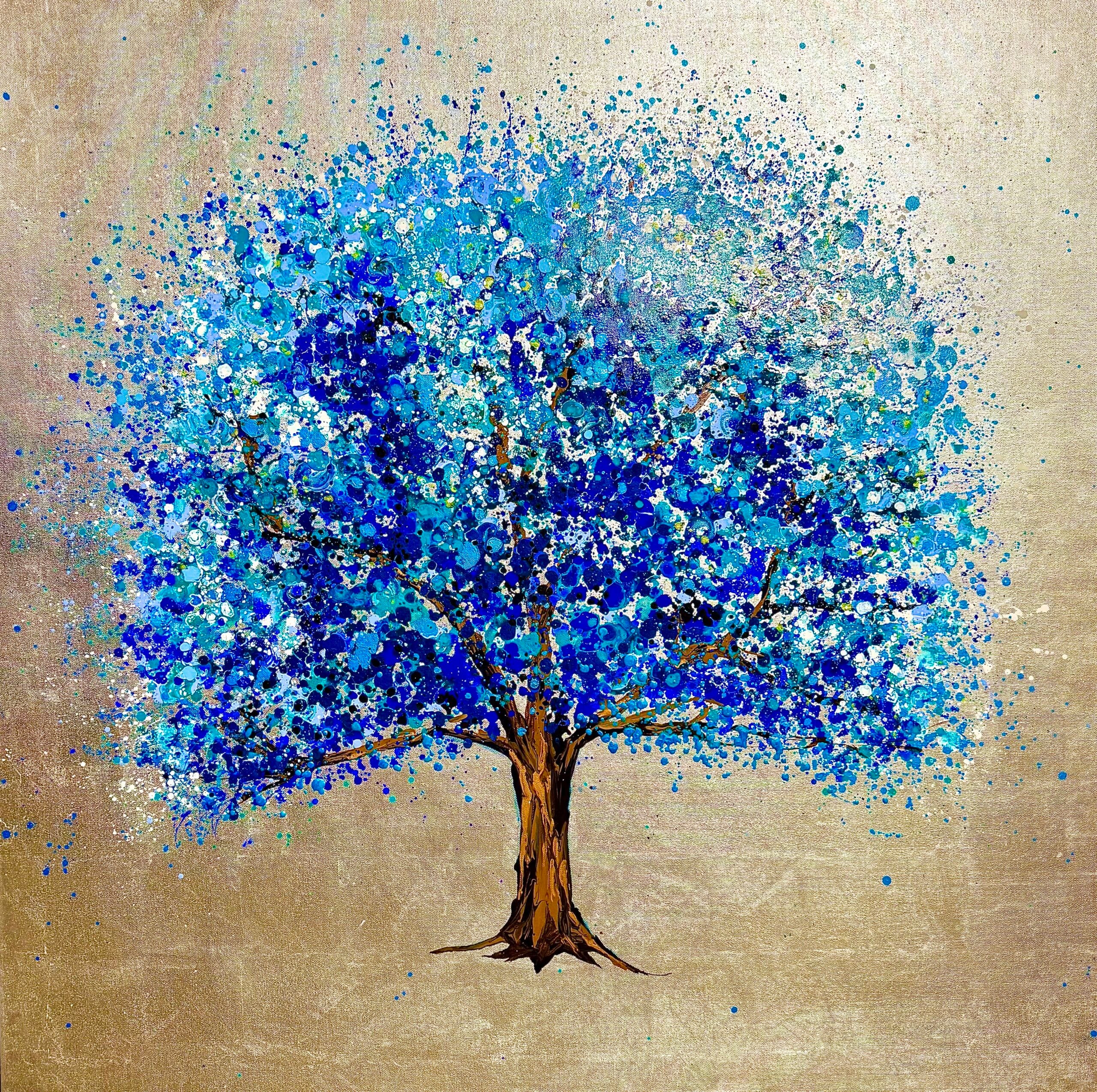 Silver Horizon original silver leaf tree painting Silver Horizon original blue tree painting with silver leaf by Sally Oasis