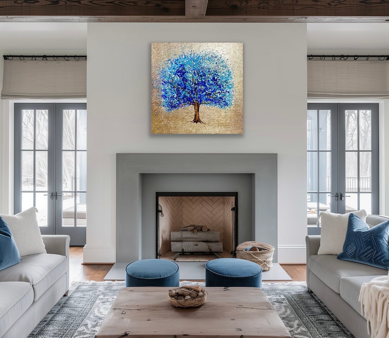 Silver Horizon silver leaf painting room setting Silver Horizon blue and silver tree painting shown in an interior room setting