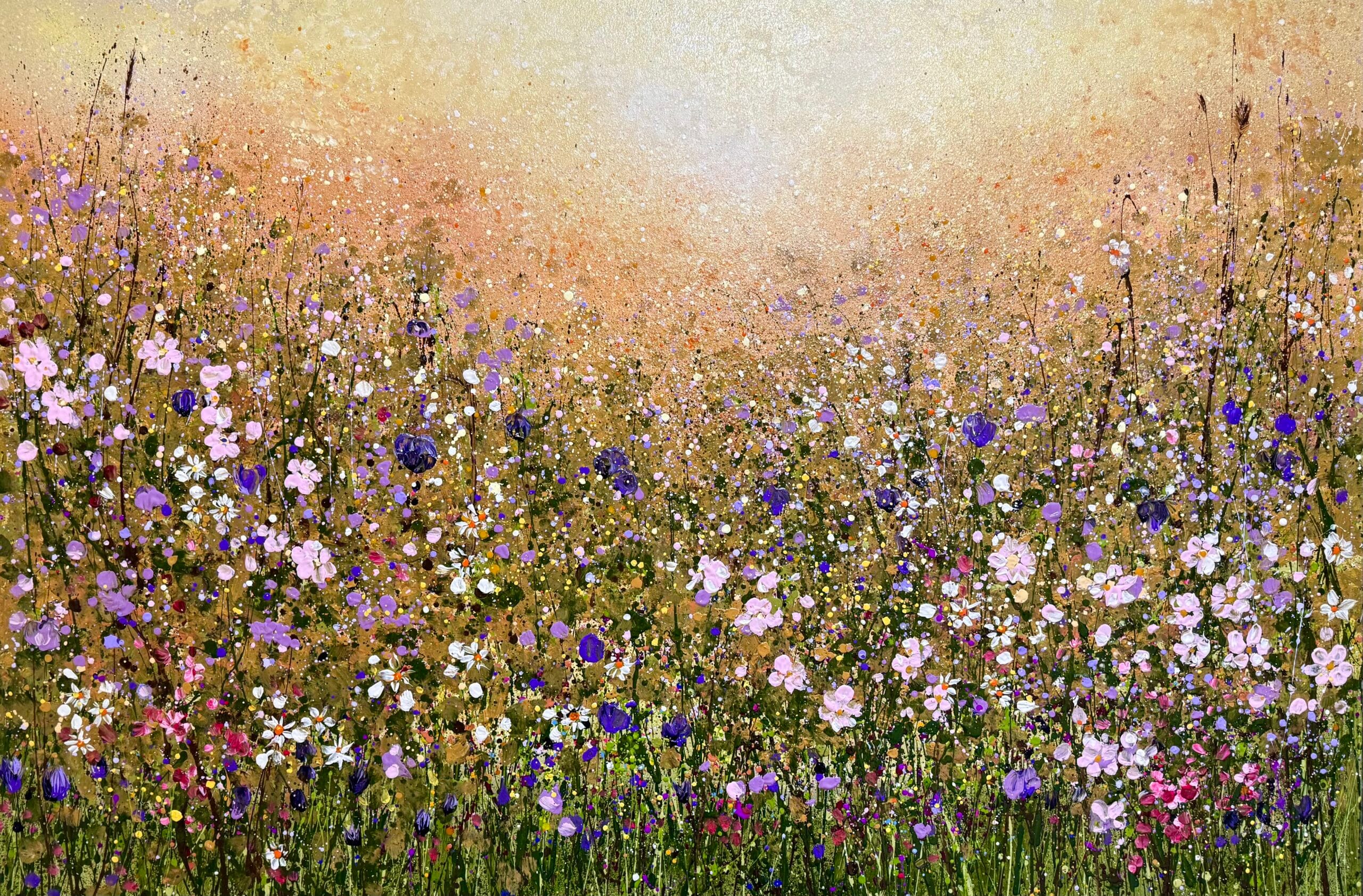 Soft Pink Wild Flower Meadow Soft Pink Wild Flower Meadow painting by Sally Oasis, original oil on canvas with pink, white and violet meadow flowers
