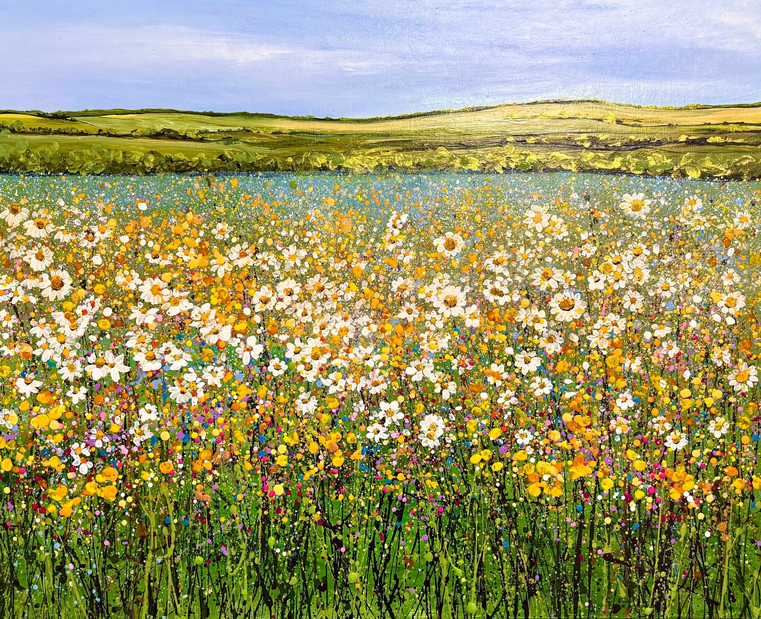 Buttercups and Daisies Original Acrylic Painting Buttercup daisy painting with yellow meadow flowers and blue sky