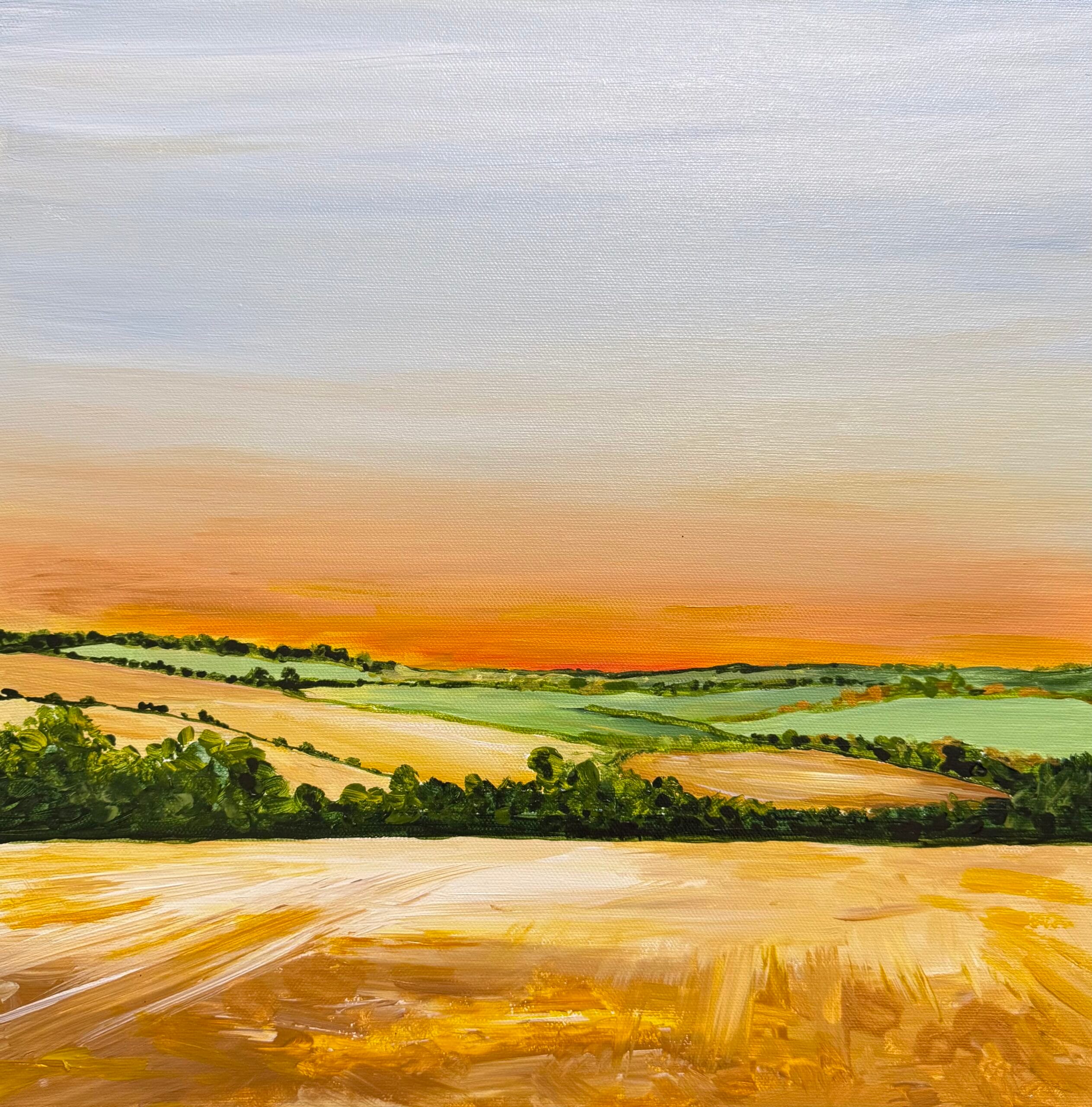 Harvest Light Harvest Light original Sussex landscape painting showing golden harvest fields at sunset