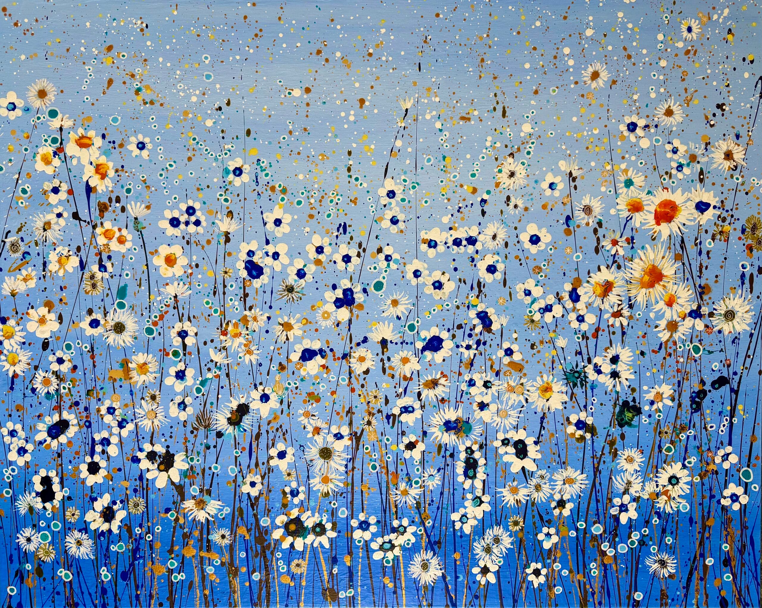 A Sky Full of Daisies – Original Floral Painting by Sally Oasis A Sky Full of Daisies original contemporary floral painting with white daisies and golden wildflowers on a blue background