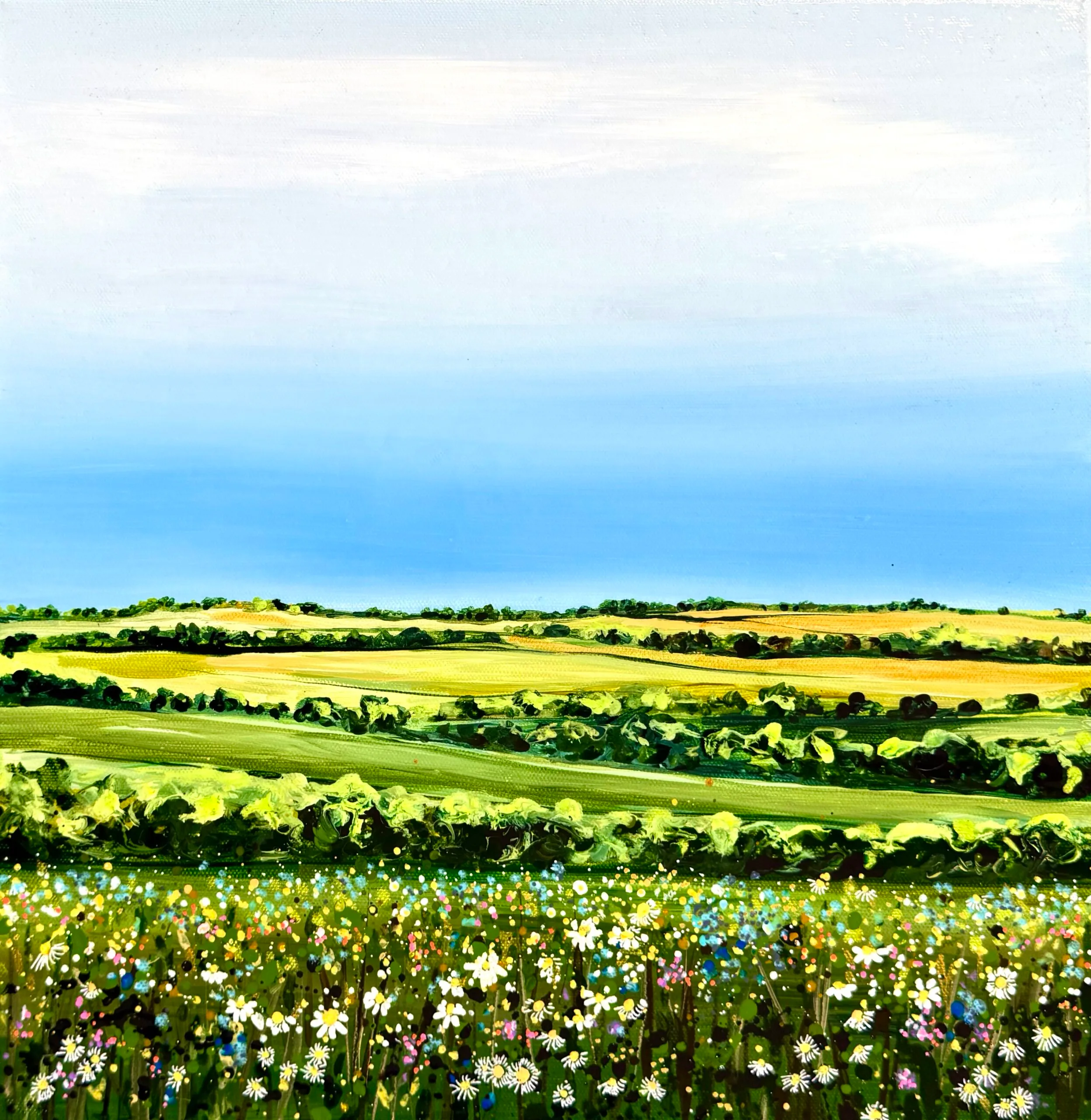 Summer Walk original acrylic painting of rolling green fields and a colourful summer wildflower meadow