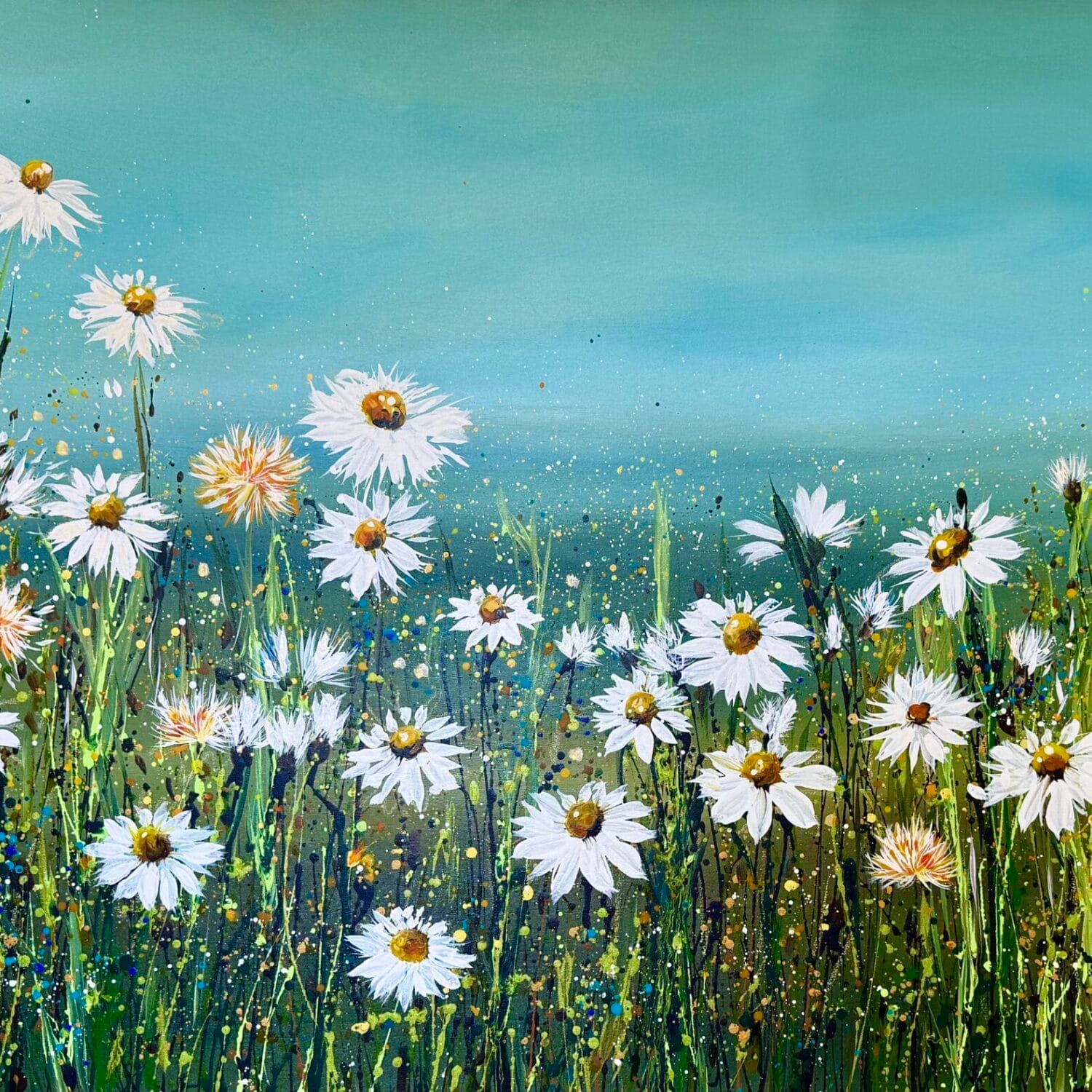 Daisies Under A Duck Egg Sky | 162 × 100 × 4 Cm | Acrylic On Canvas