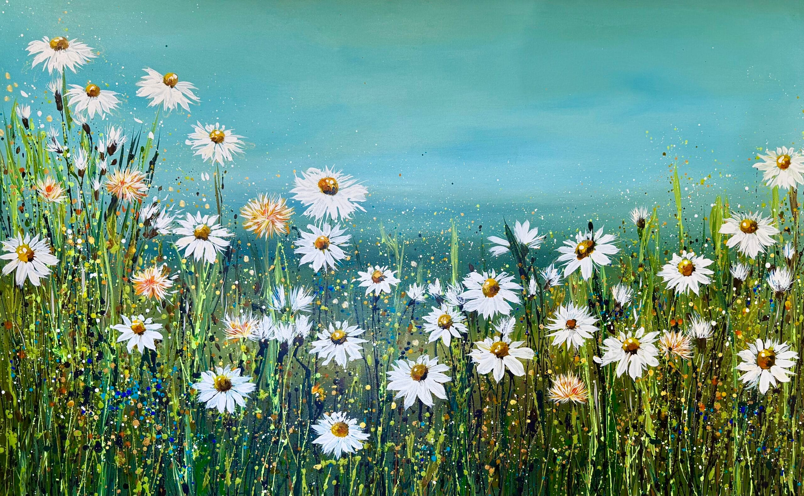 Daisy Meadow Painting | Daisies Under a Duck Egg Sky Daisy meadow painting with white daisies beneath a duck egg blue sky by Sally Oasis.