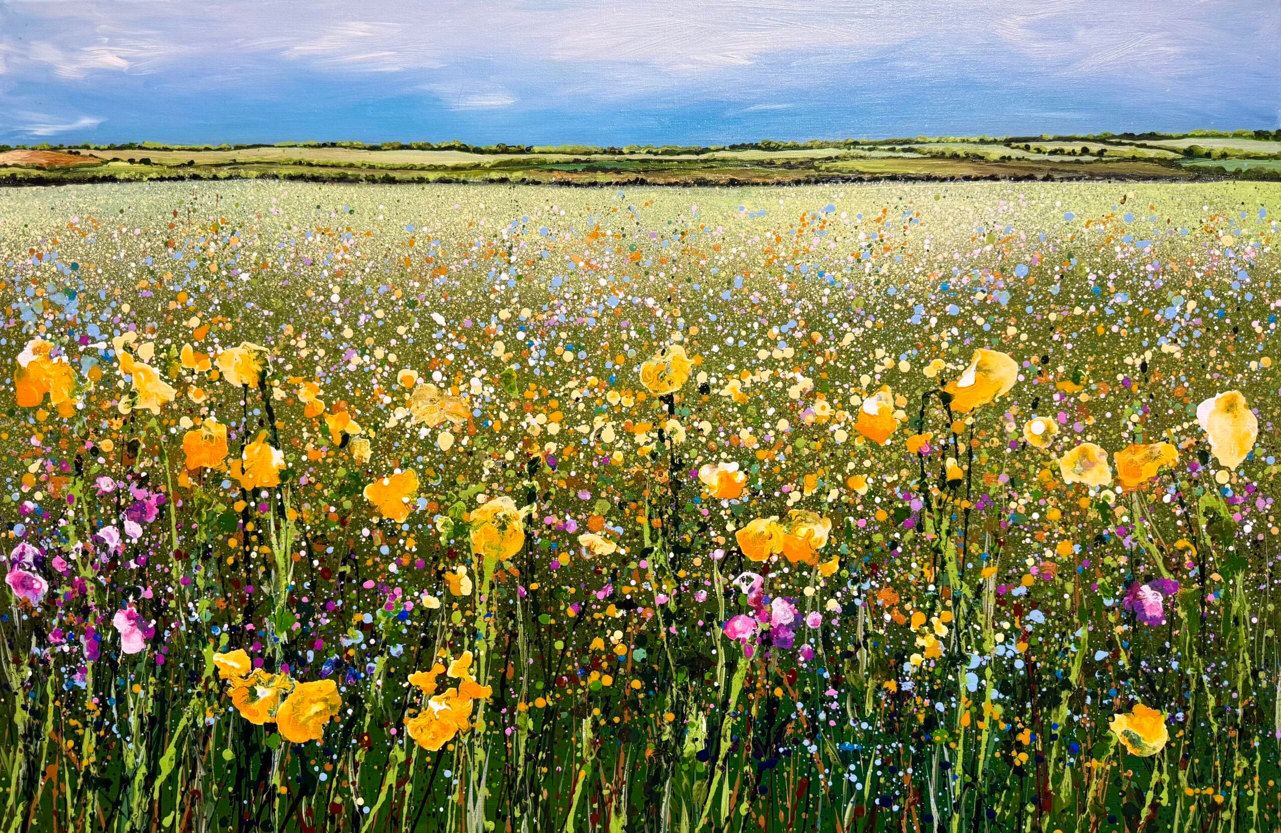 Golden Meadow – Original Wildflower Meadow Painting by Sally Oasis Golden Meadow original wildflower meadow painting by Sally Oasis, 90 x 60cm acrylic landscape with yellow, white and pink flowers beneath a blue summer sky