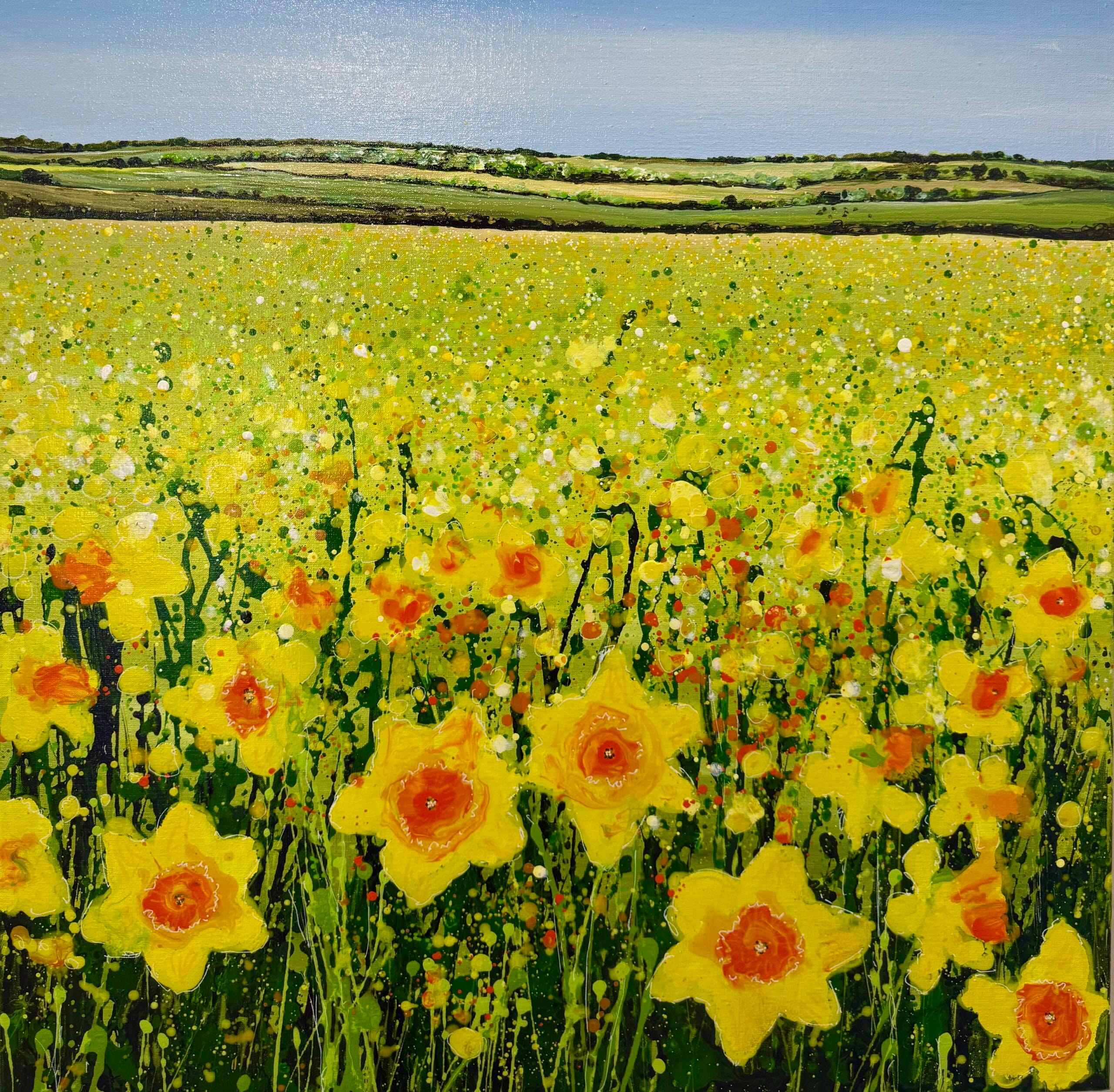 Spring Daffodils Original Painting Spring Daffodils original painting showing yellow and orange daffodils across a green meadow beneath a blue sky