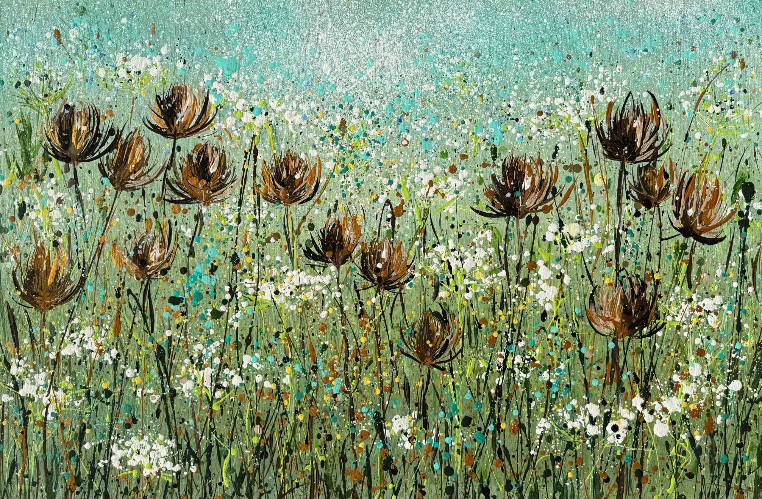 Sea Air, Teasels and Cow Parsley – Sally Oasis Paintings Sea Air, Teasels and Cow Parsley original acrylic painting with brown teasels, white cow parsley and a teal turquoise background