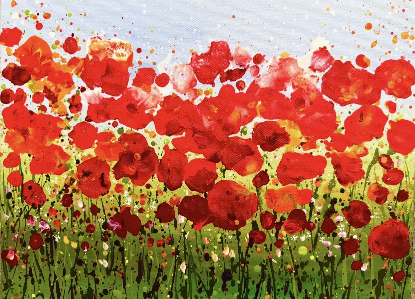 Ruby Days | Red Poppy Art Print Ruby Days red poppy art print by Sally Oasis, showing scarlet poppies above green meadow grasses beneath a pale blue sky.