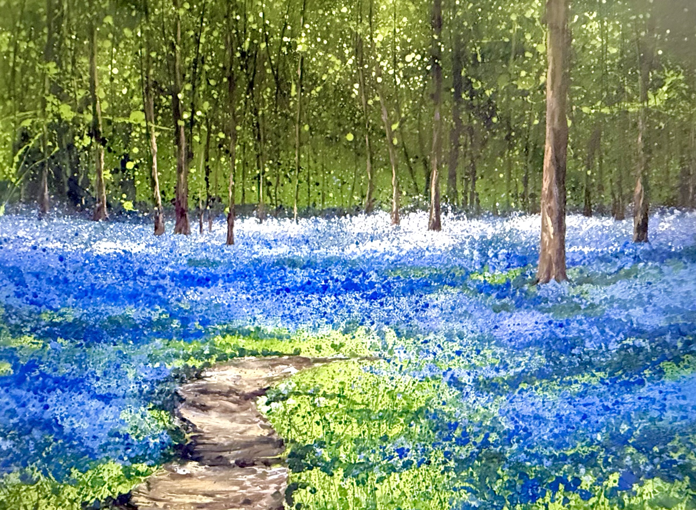 Spring Bluebells | A3 Bluebell Woodland Art Print Spring Bluebells A3 mounted print by Sally Oasis, showing a winding woodland path through vivid bluebells beneath tall trees and fresh green foliage.